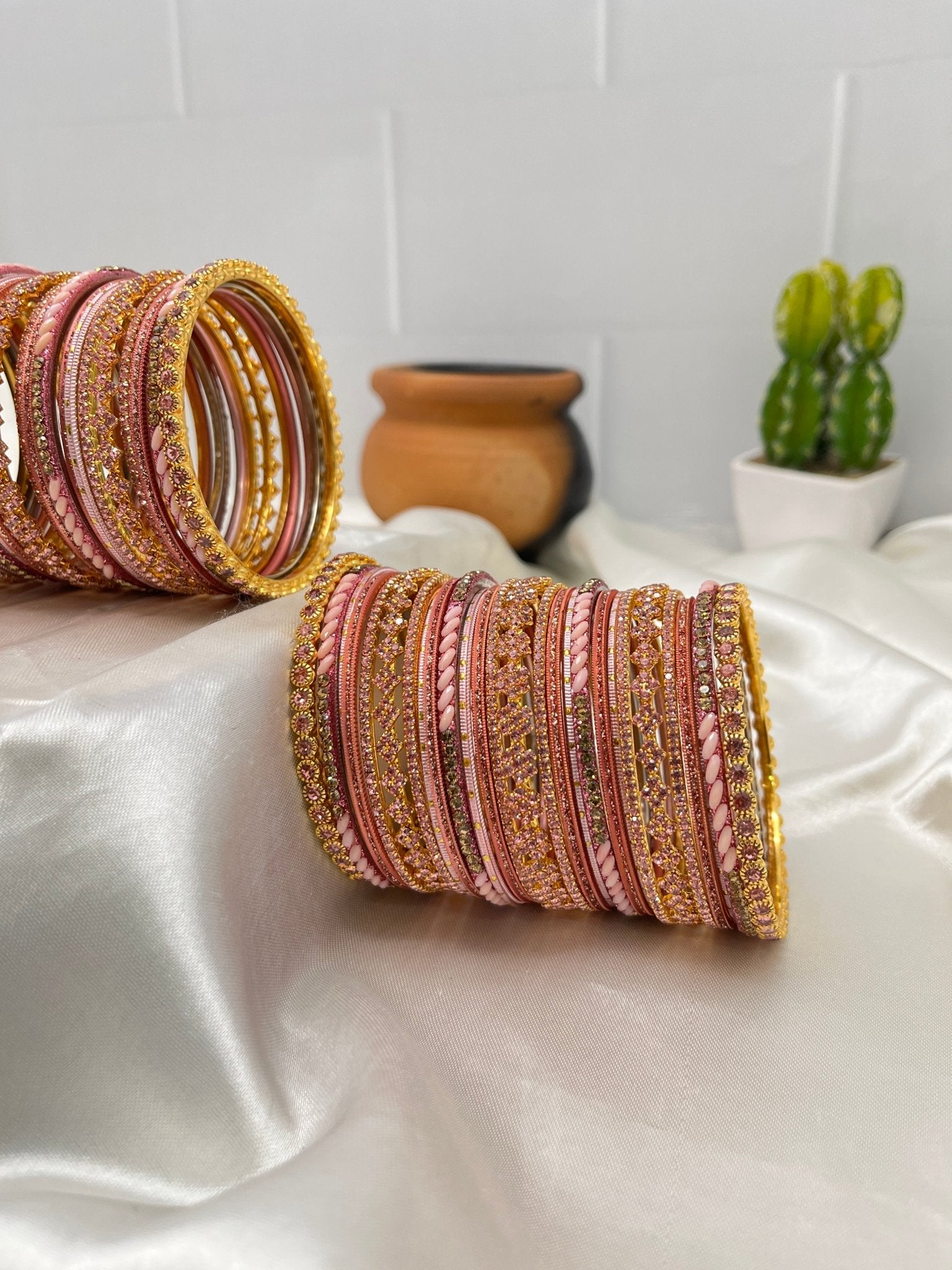 Rose & Peach Metal & Stone Bangle Set 5035 - Mahilas