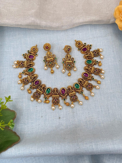 Royal Antique Ashtalakshmi Short Necklace Set 0127 - Mahilas