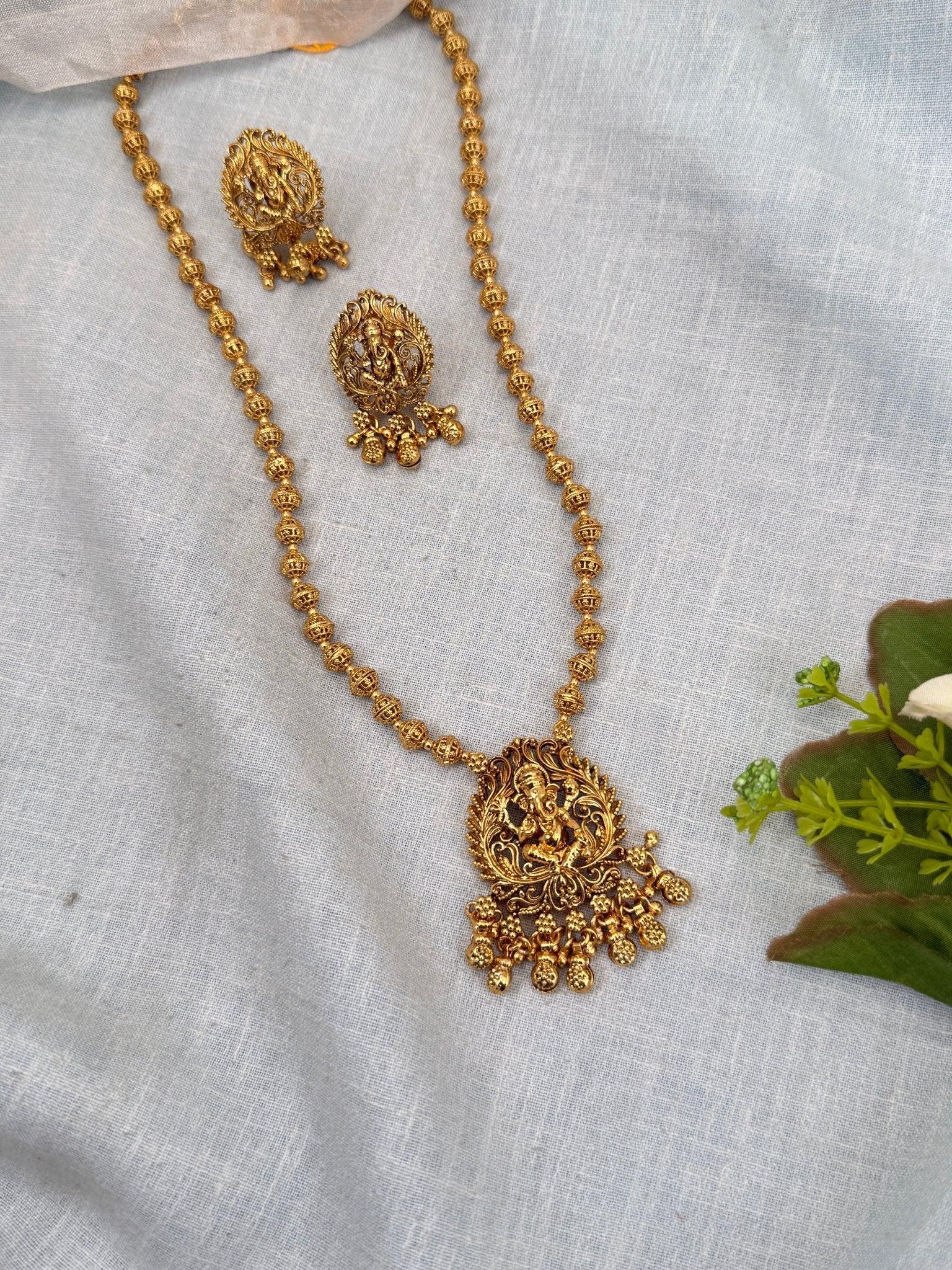 Royal Antique Ganesha Pendant Mid Long Necklace Set 0281 - Mahilas