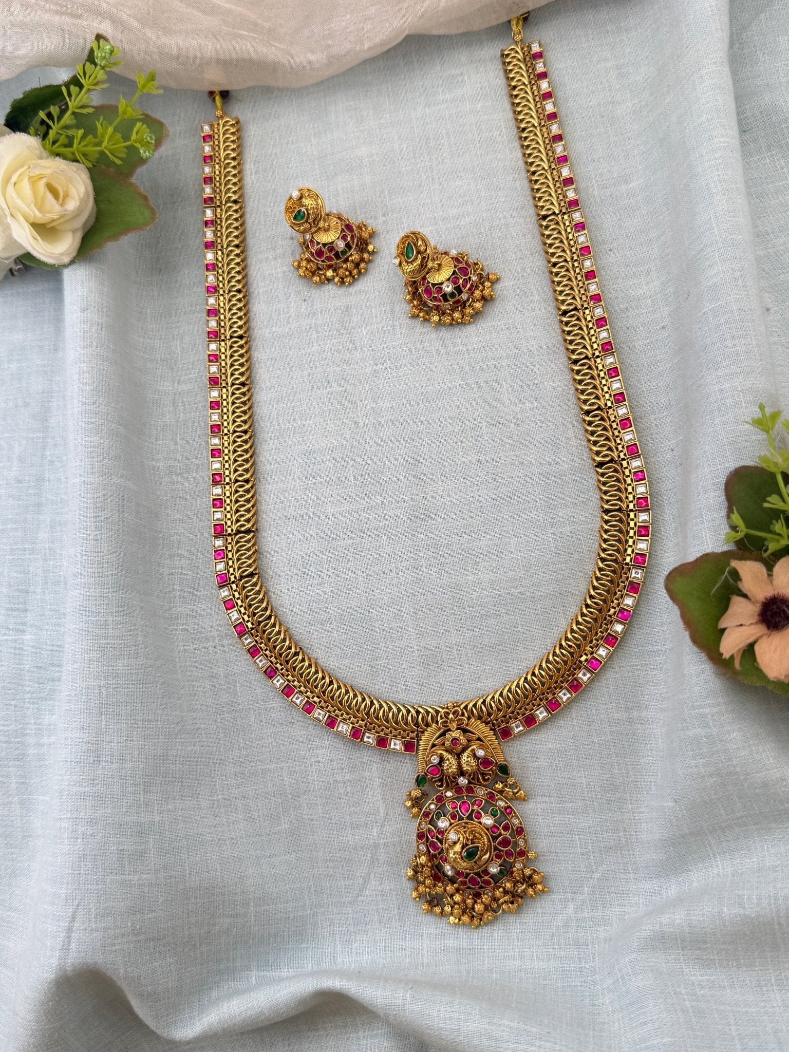 Royal Antique Grand Jadau Jilebi Long Pendant Necklace Set 1153 - Mahilas