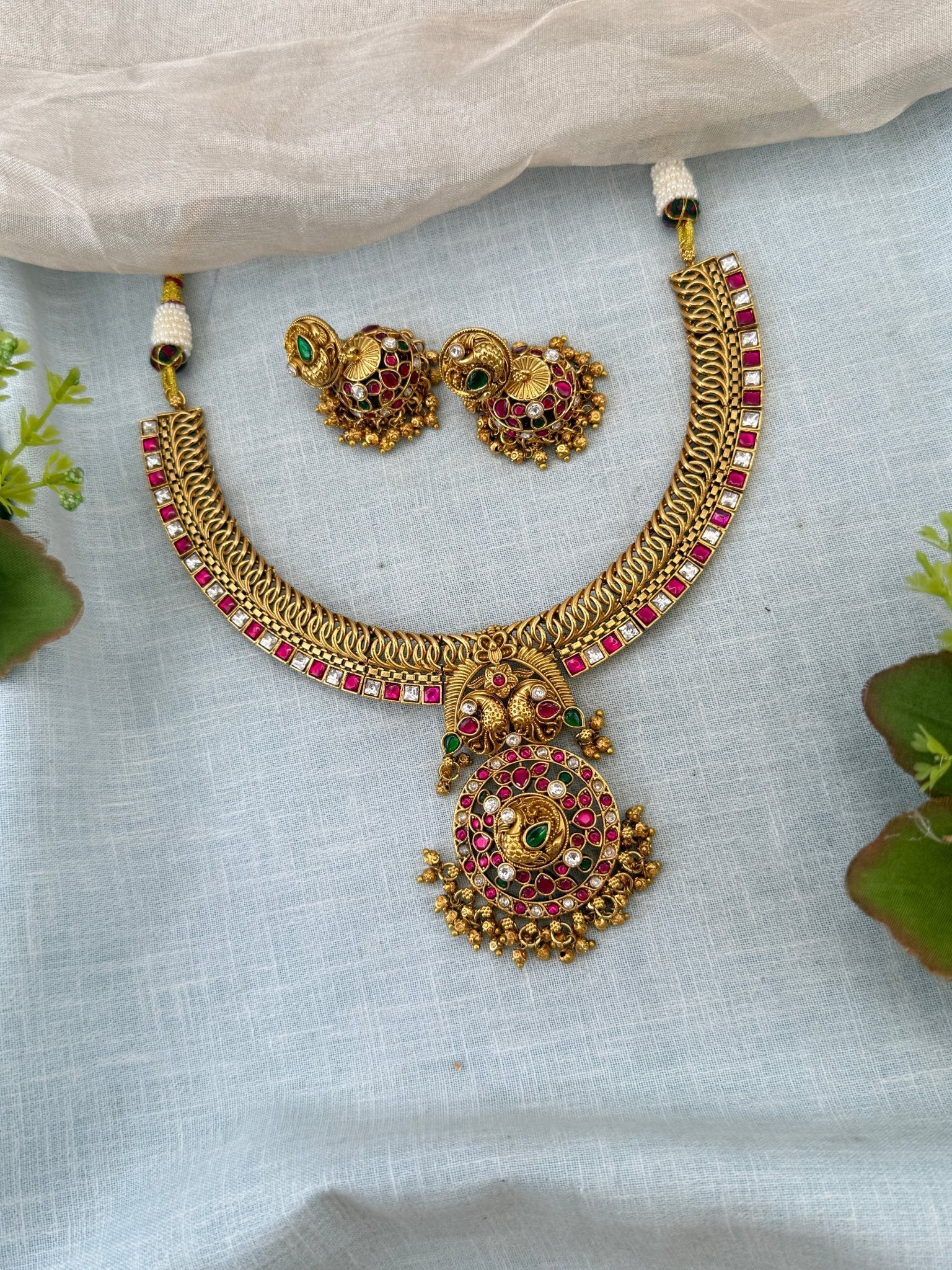 Royal Antique Grand Jadau Jilebi Short Pendant Necklace Set 1161 - Mahilas