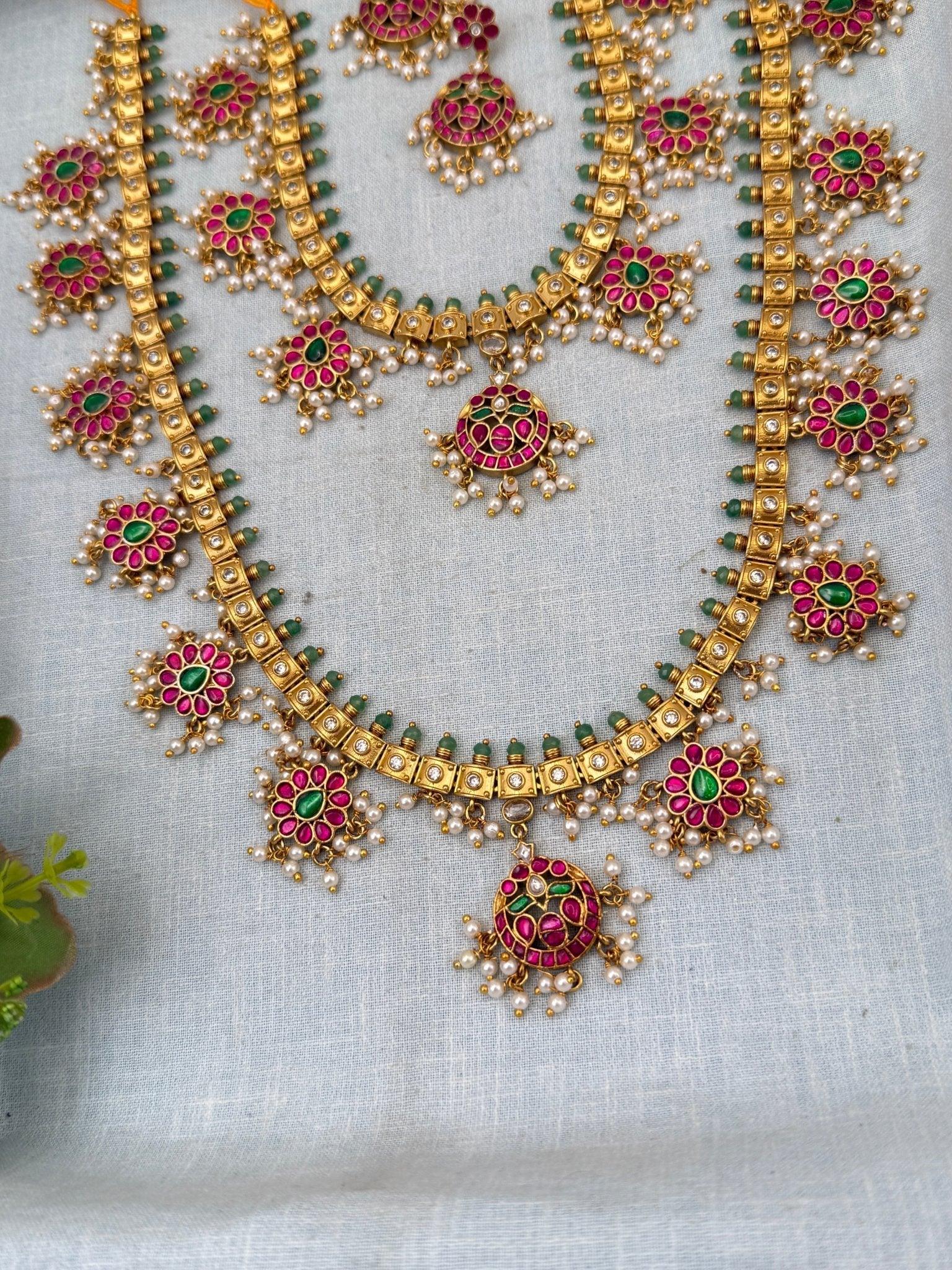 Royal Antique Guttapusalu Style Semi Bridal Necklace Set 0180 - Mahilas