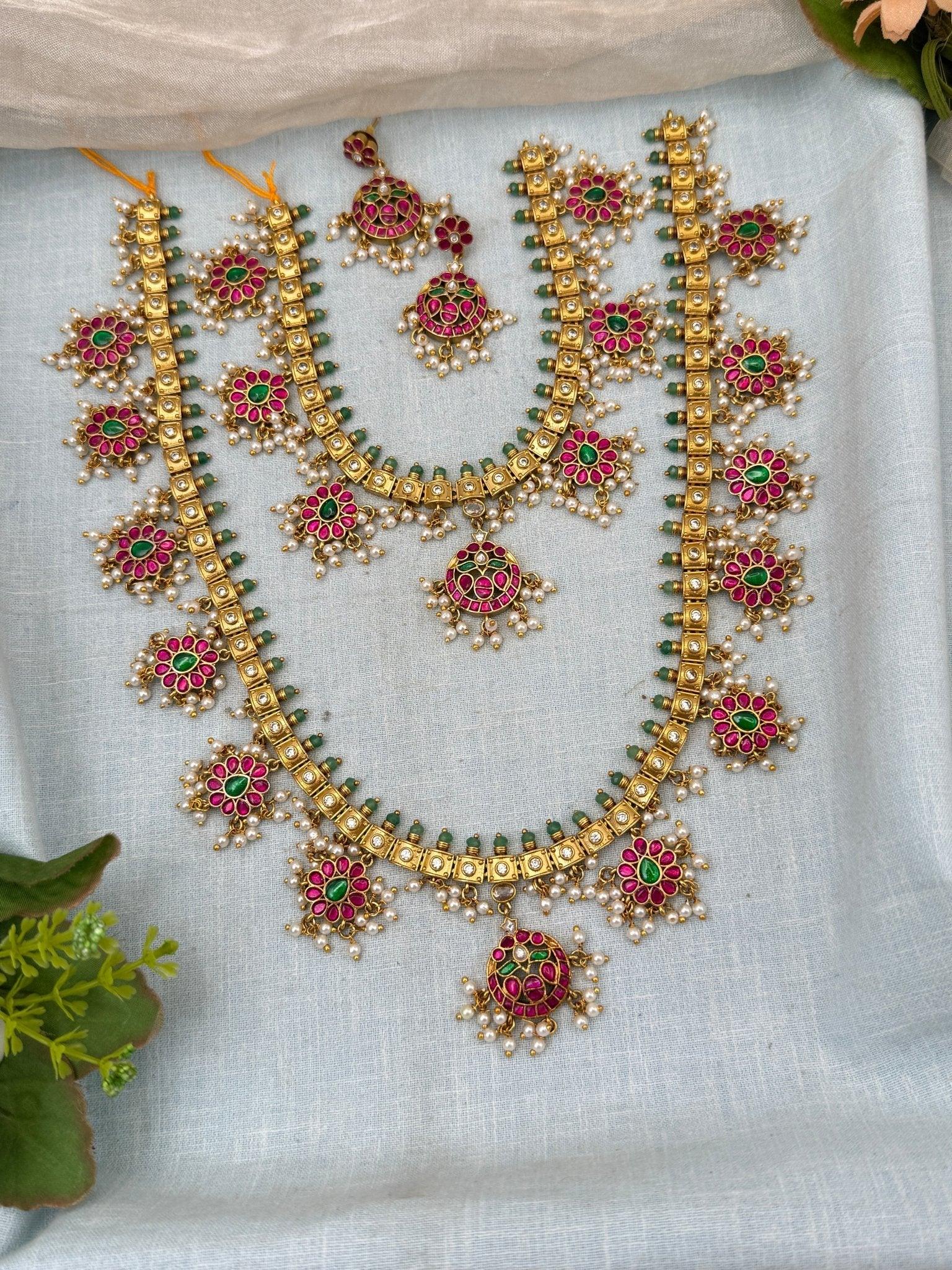 Royal Antique Guttapusalu Style Semi Bridal Necklace Set 0180 - Mahilas
