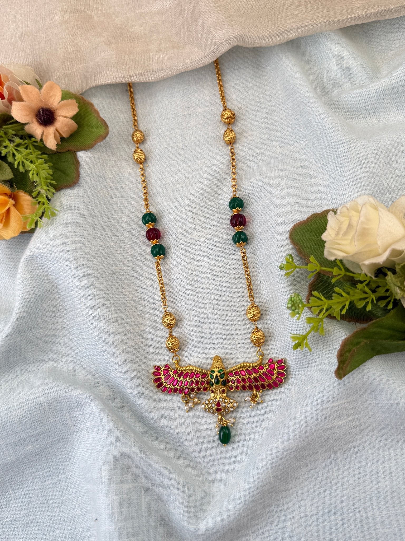 Royal Antique Jadau Garuda Pendant Short Necklace Set 0974 - Mahilas