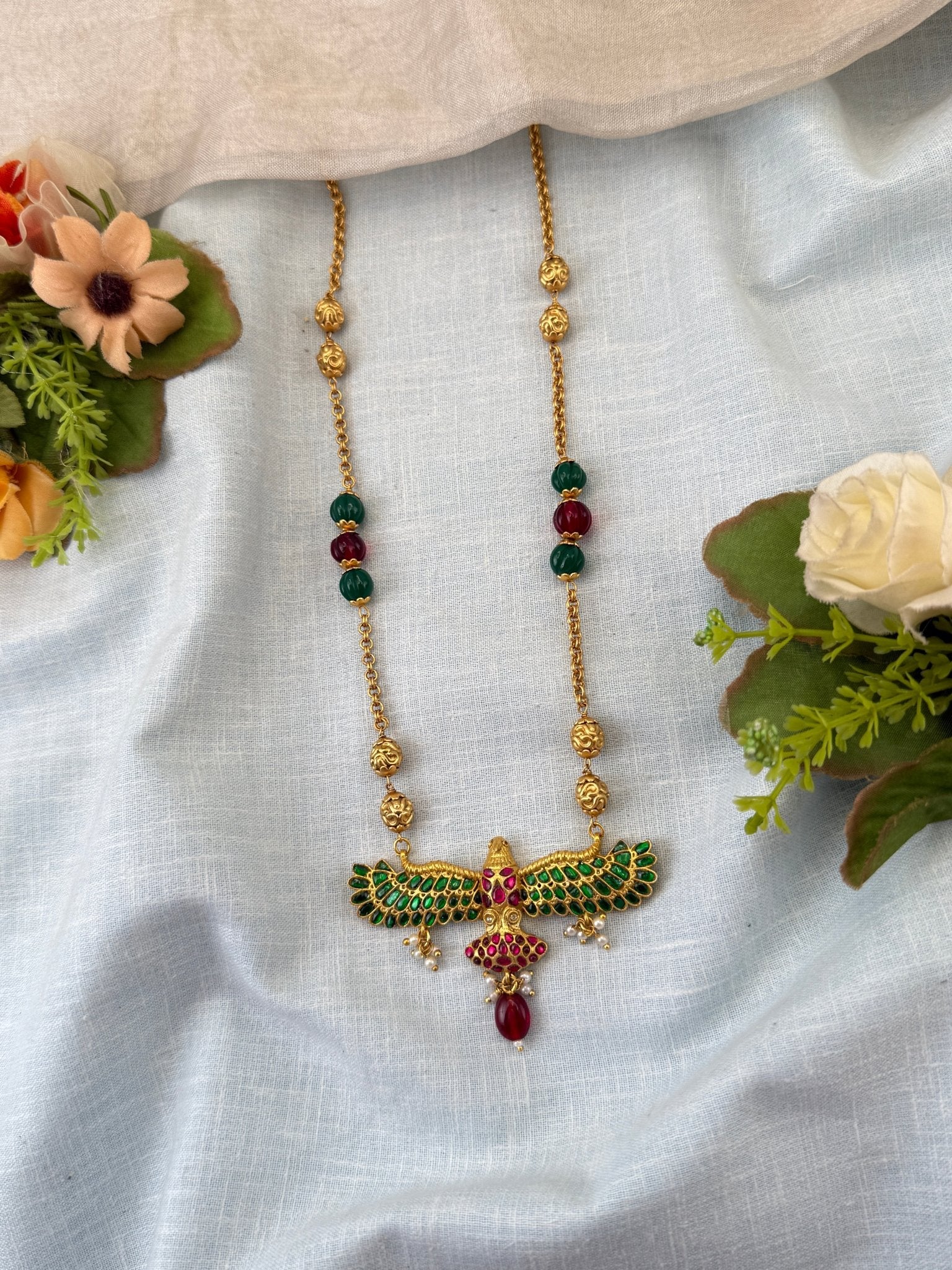 Royal Antique Jadau Garuda Pendant Short Necklace Set 0976 - Mahilas