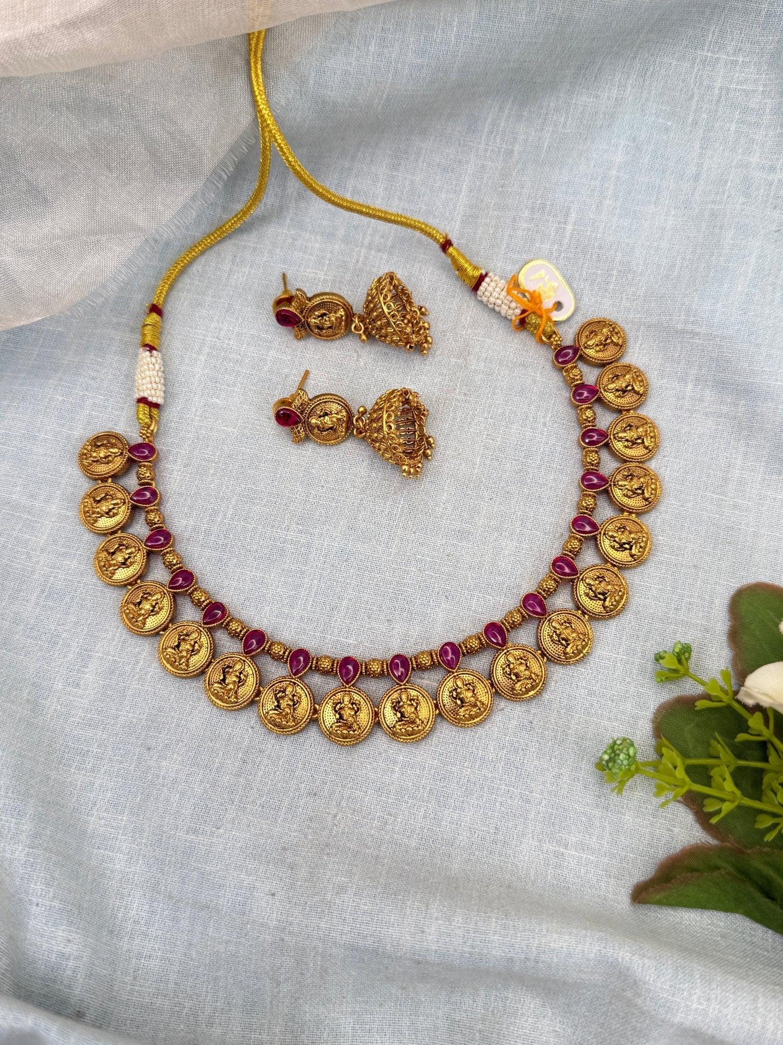 Royal Antique Kaasu Ruby Stone Short Necklace Set 0276 - Mahilas