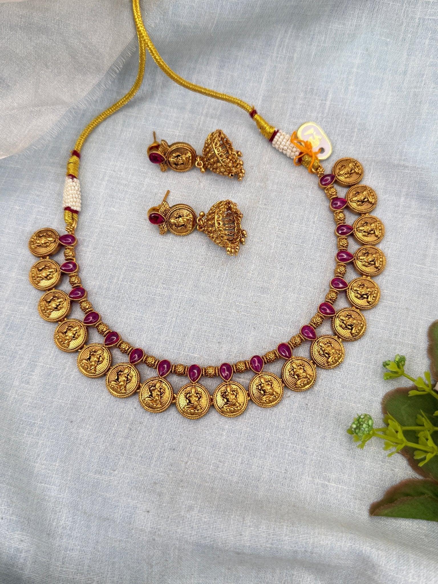 Royal Antique Kaasu Ruby Stone Short Necklace Set 0276 - Mahilas