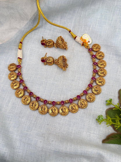 Royal Antique Kaasu Ruby Stone Short Necklace Set 0276 - Mahilas
