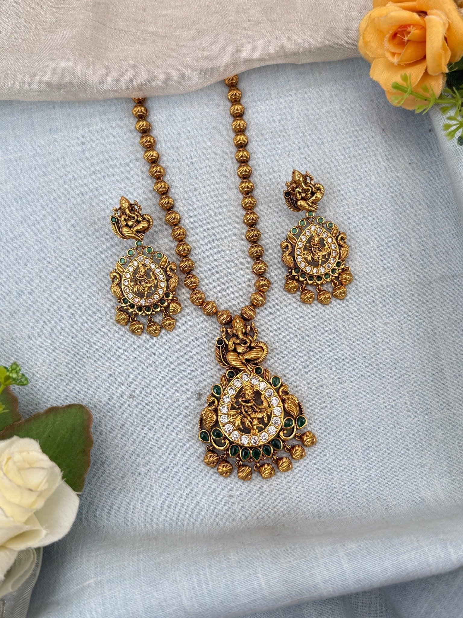 Royal Antique Krishna Ganesha Short Necklace Set 0139 - Mahilas