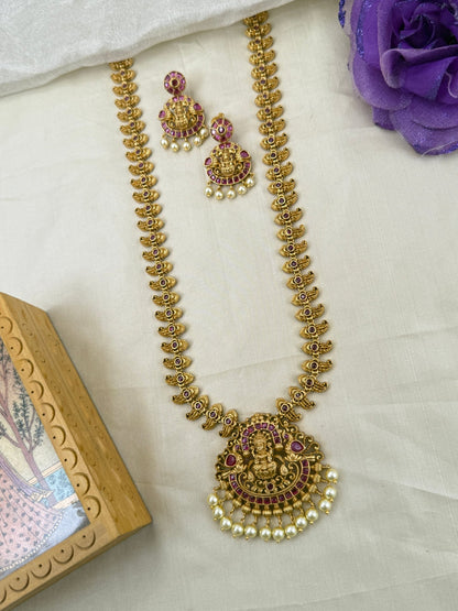 Royal Antique Lakshmi Pendant Long Necklace Set 0675 - Mahilas