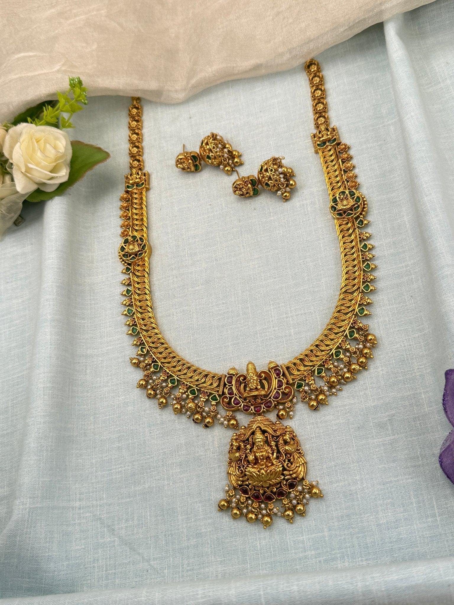 Royal Antique Lakshmi Pendant Long Necklace Set 0682 - Mahilas