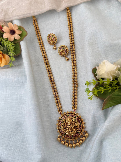 Royal Antique Lakshmi Pendant Long Necklace Set 1075 - Mahilas