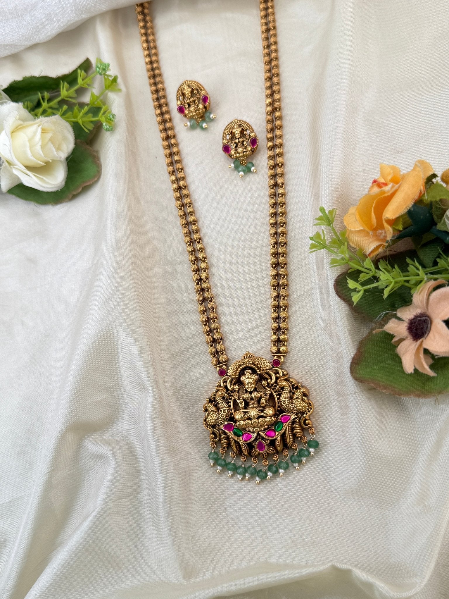 Royal Antique Lakshmi Pendant Long Necklace Set 1126 - Mahilas