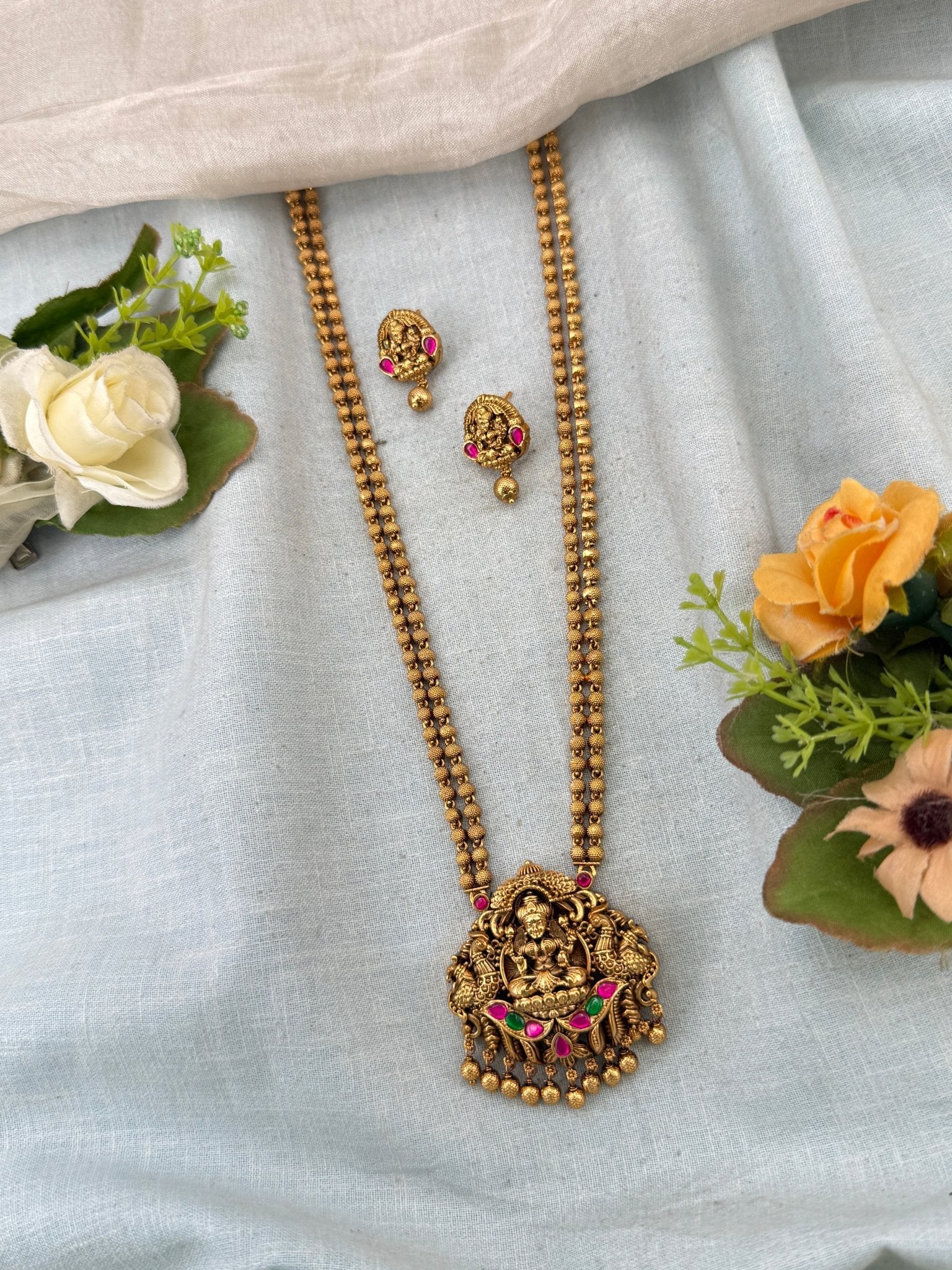 Royal Antique Lakshmi Pendant Long Necklace Set 1128 - Mahilas
