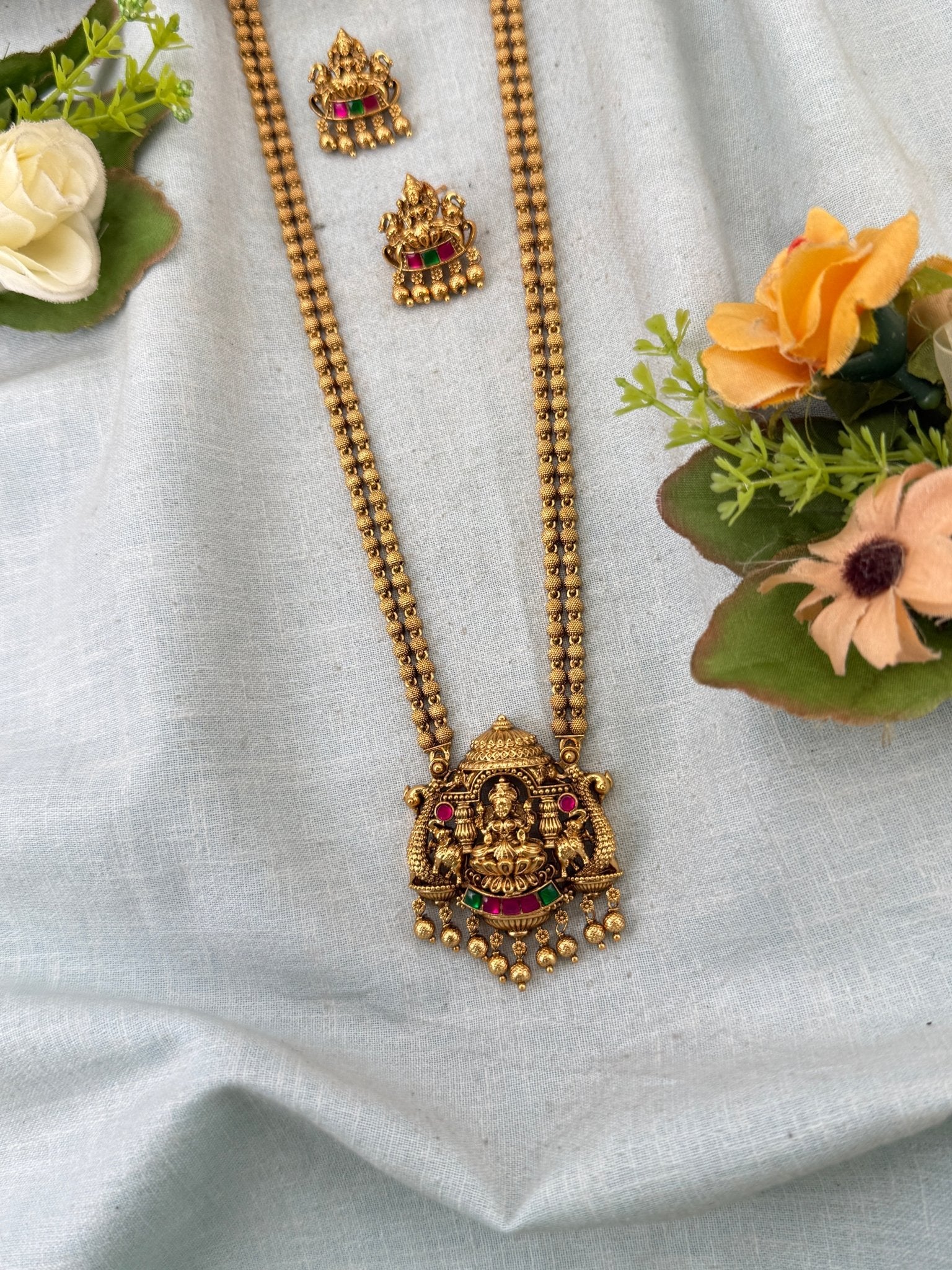 Royal Antique Lakshmi Pendant Long Necklace Set 1128 - Mahilas