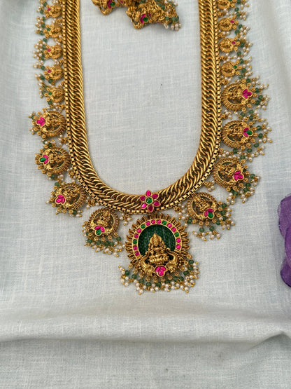 Royal Antique Long Guttapusalu Lakshmi Necklace Set 0645 - Mahilas