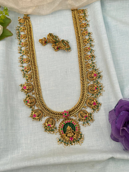 Royal Antique Long Guttapusalu Lakshmi Necklace Set 0645 - Mahilas