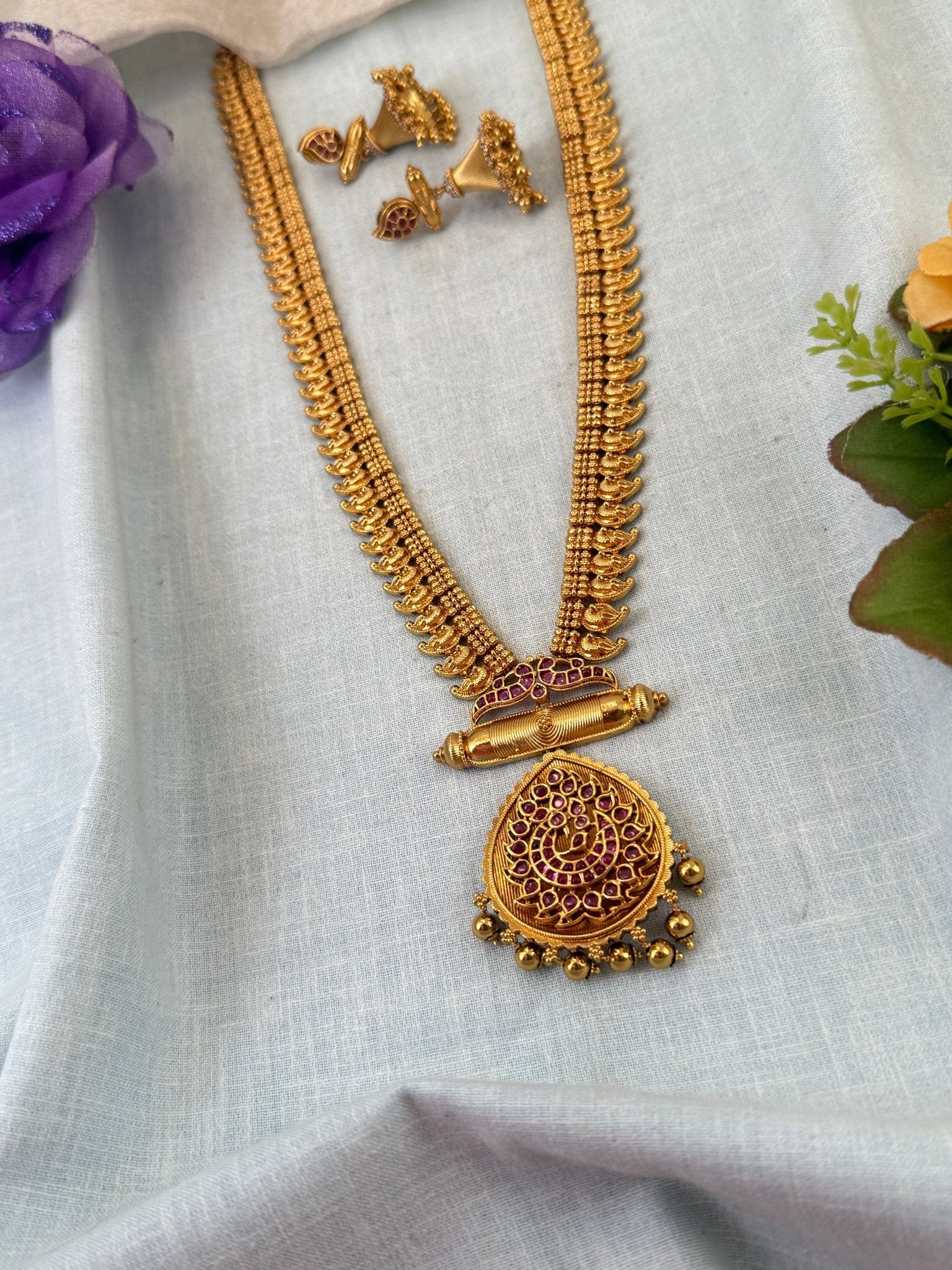 Royal Antique Long Pendant Necklace Set 0859 - Mahilas