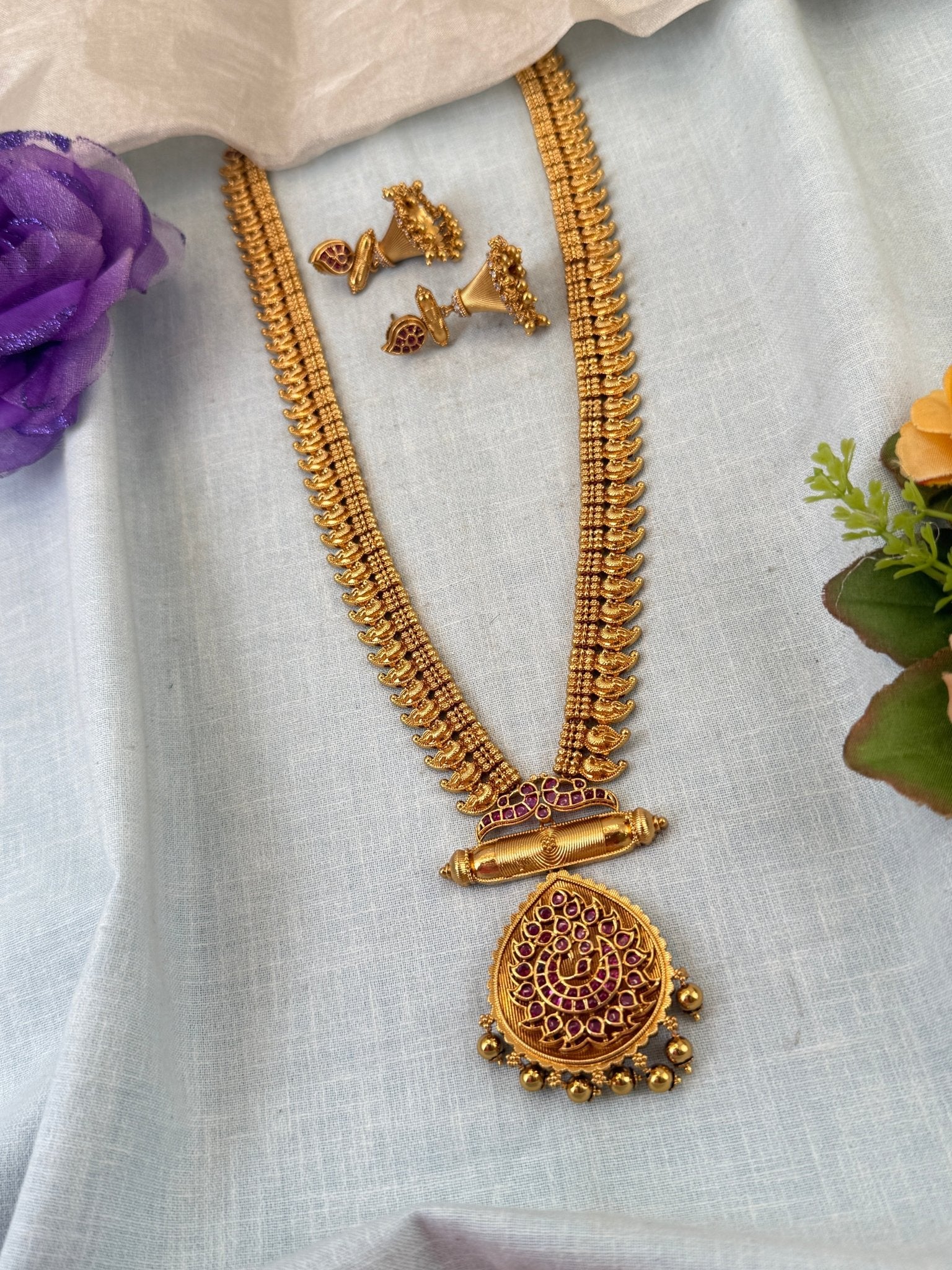 Royal Antique Long Pendant Necklace Set 0859 - Mahilas