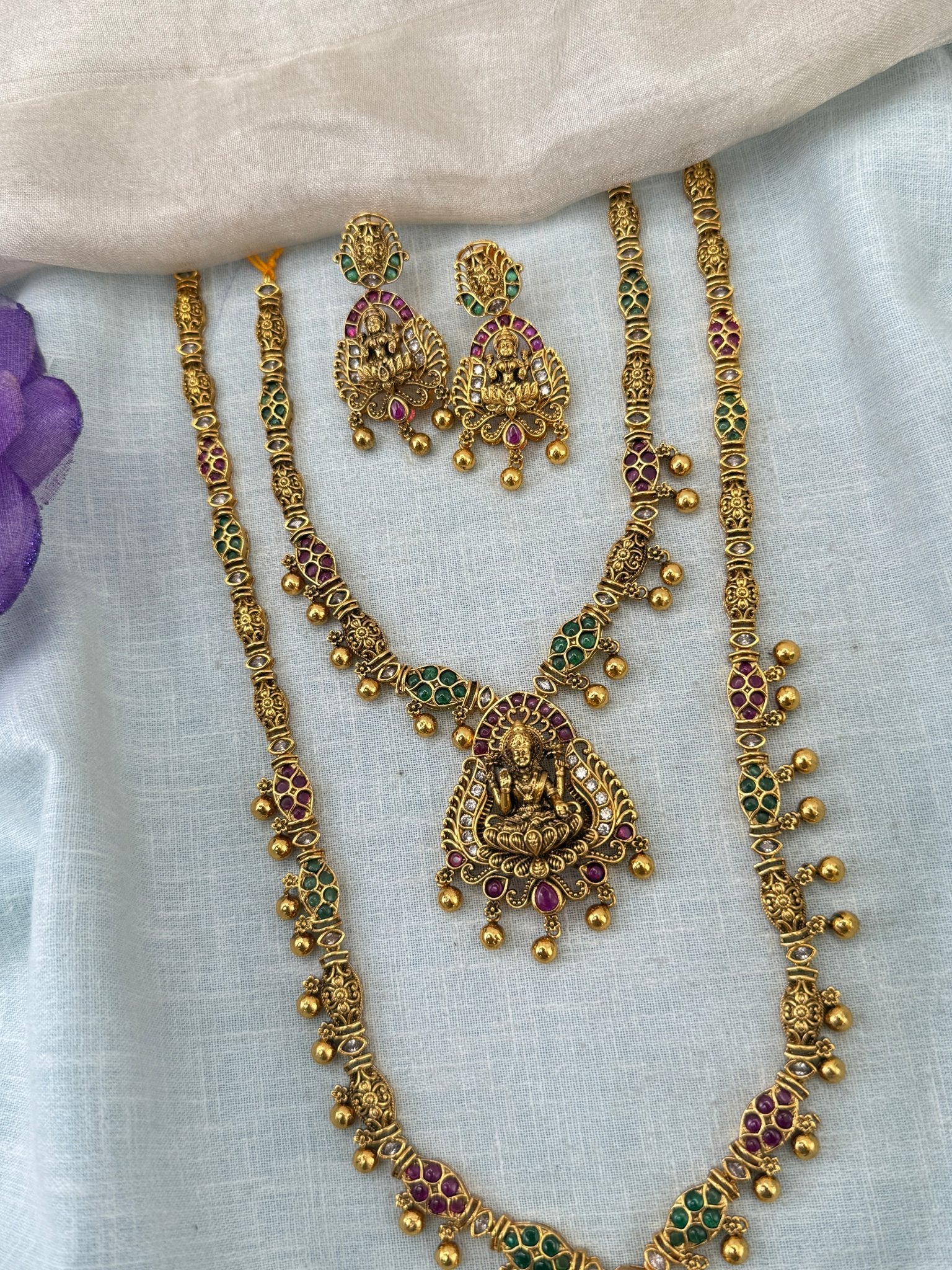 Royal Antique Long Semi Bridal Necklace Set 1142 - Mahilas