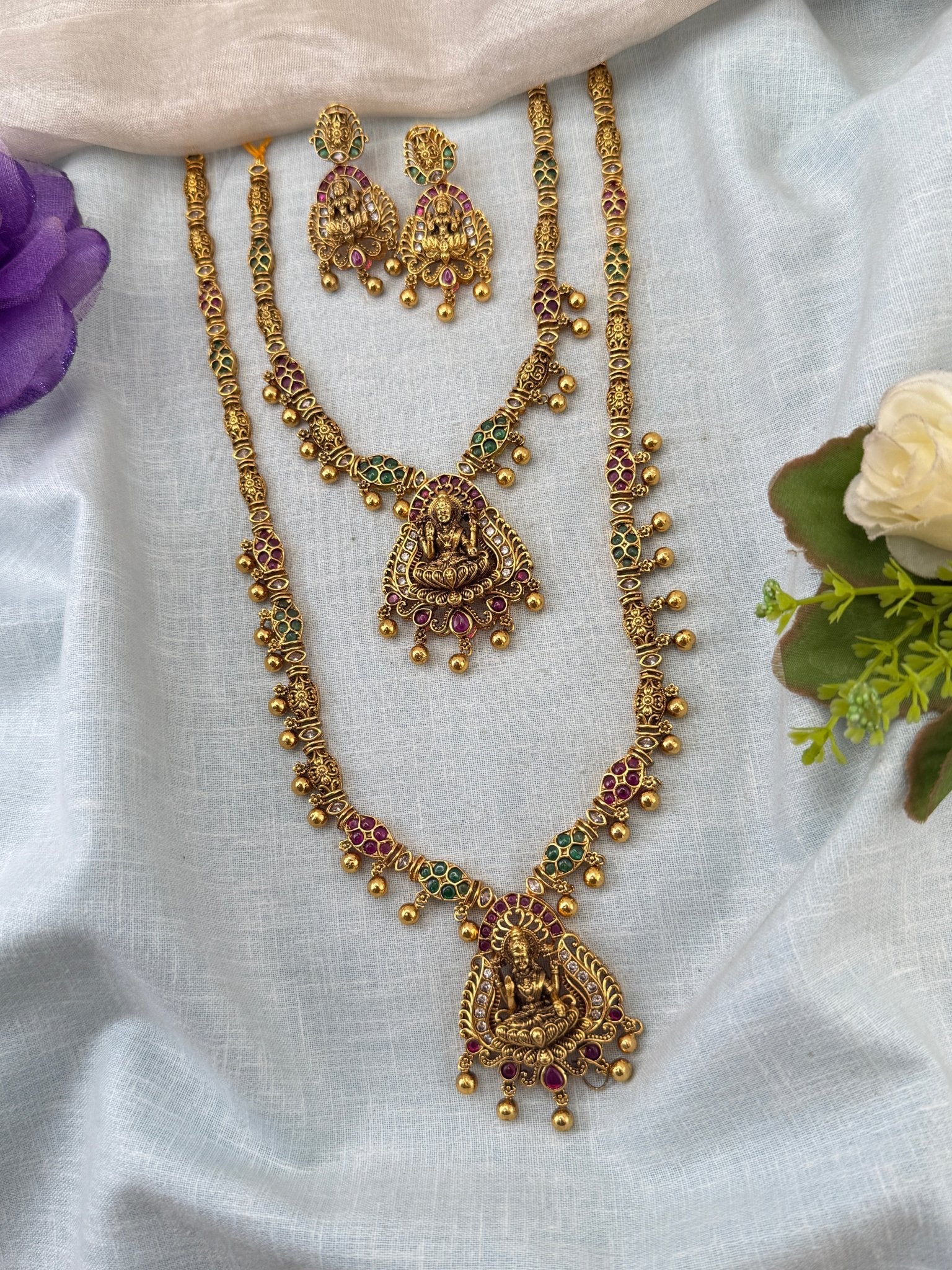 Royal Antique Long Semi Bridal Necklace Set 1142 - Mahilas
