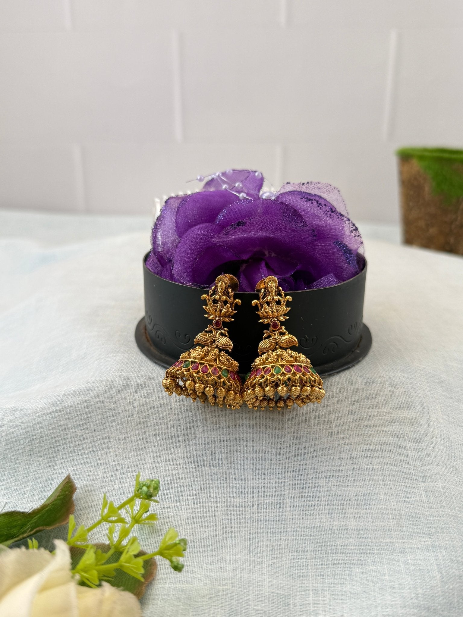 Royal Antique Lotus Lakshmi Jhumka Earrings 1154 - Mahilas