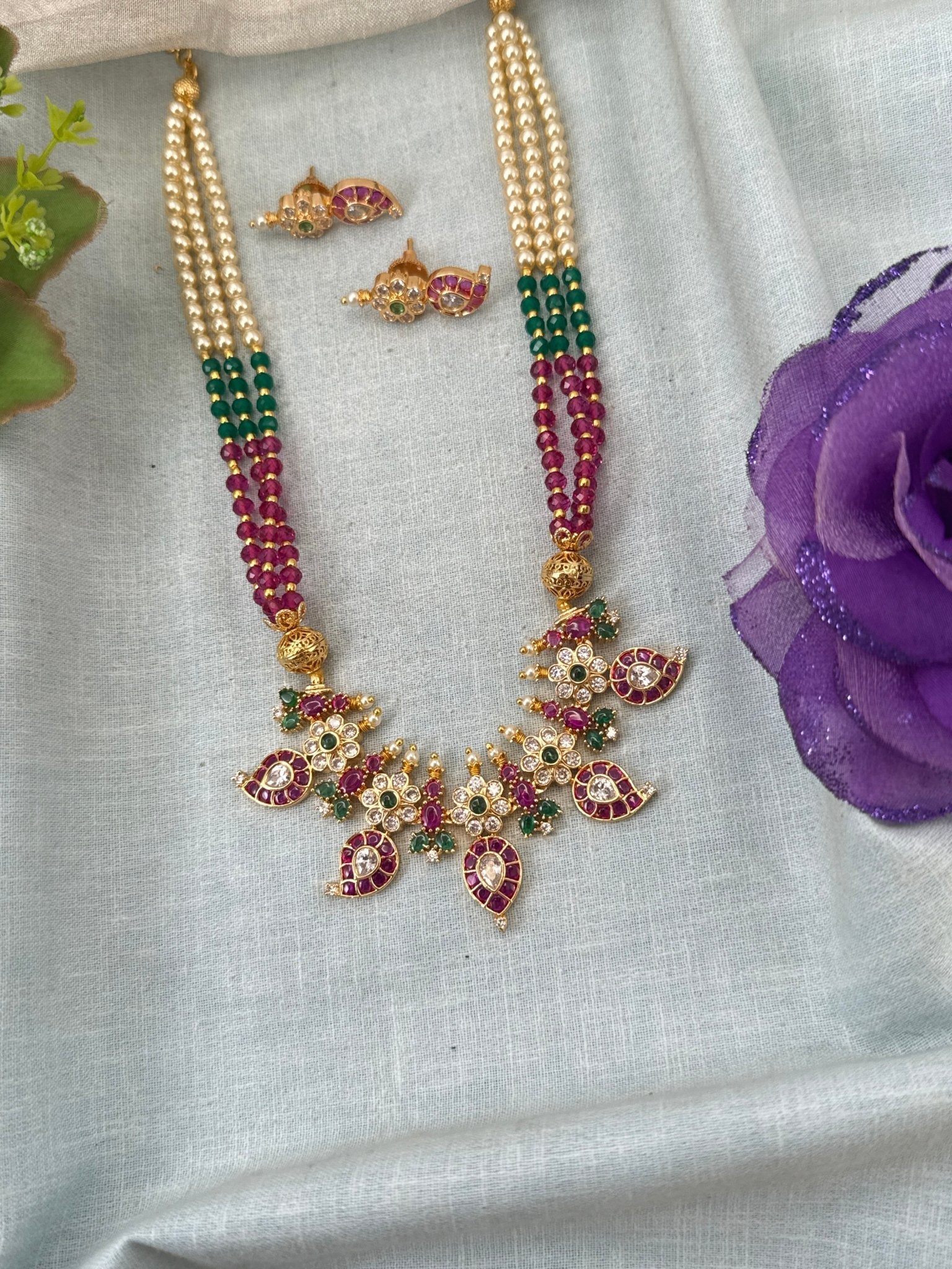 Royal Antique Mango Pendant Mid Long Necklace Set 0997 - Mahilas