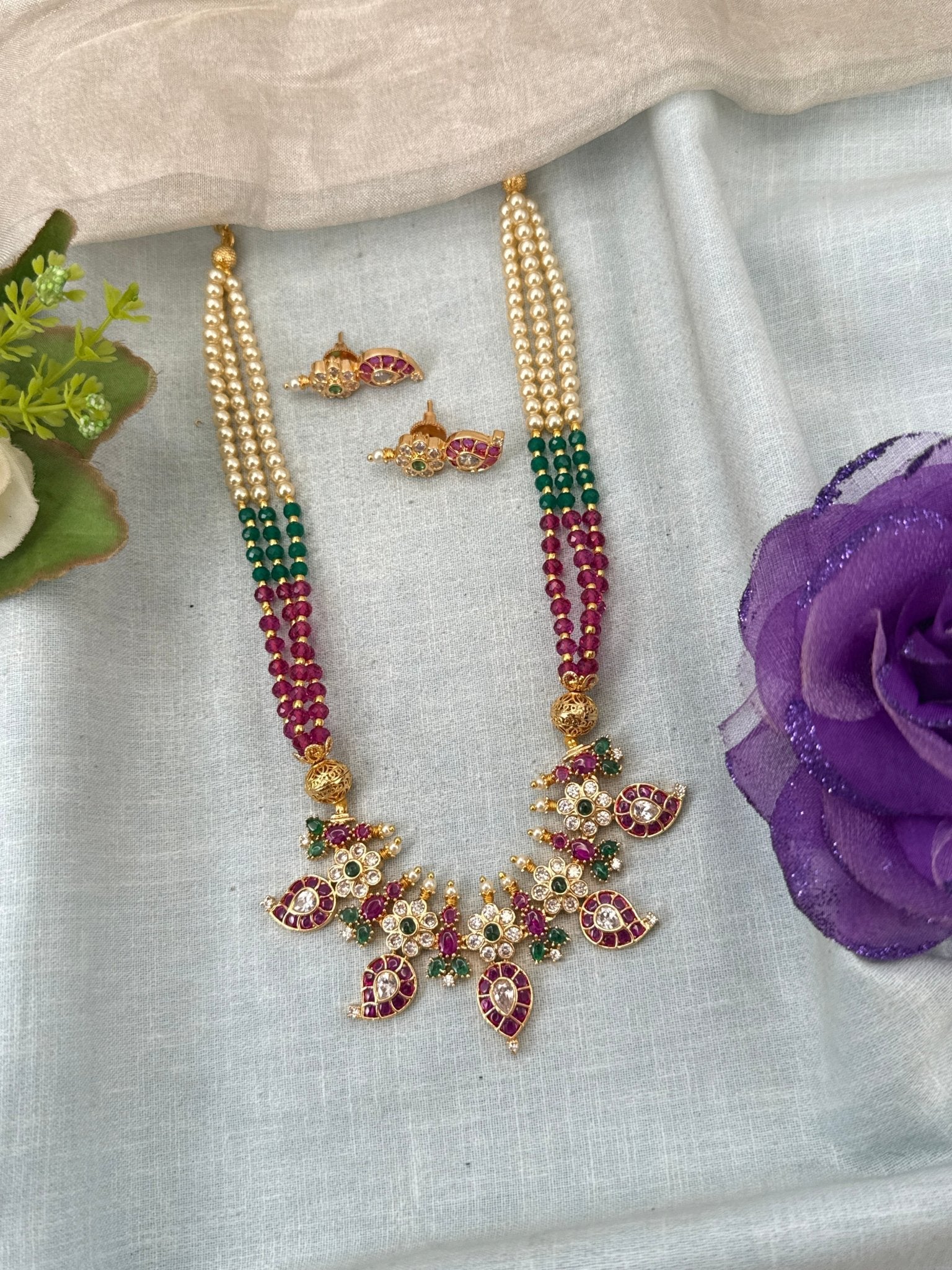 Royal Antique Mango Pendant Mid Long Necklace Set 0997 - Mahilas