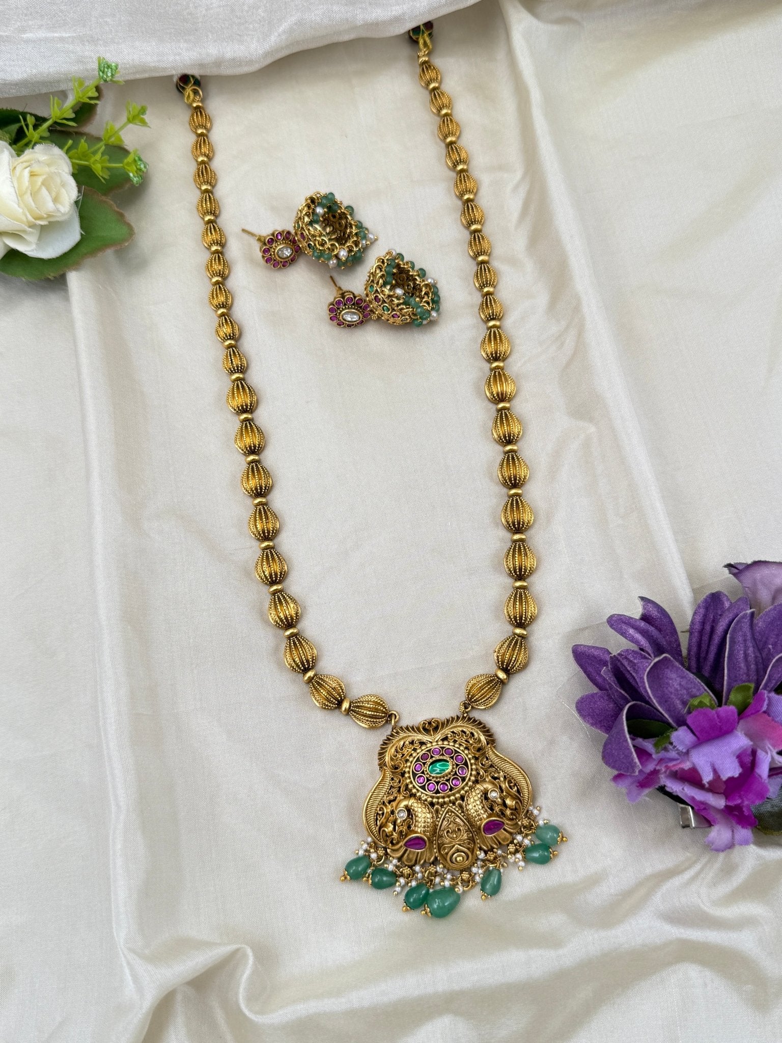 Royal Antique Peacock Pendant Long Necklace Set 0565 - Mahilas