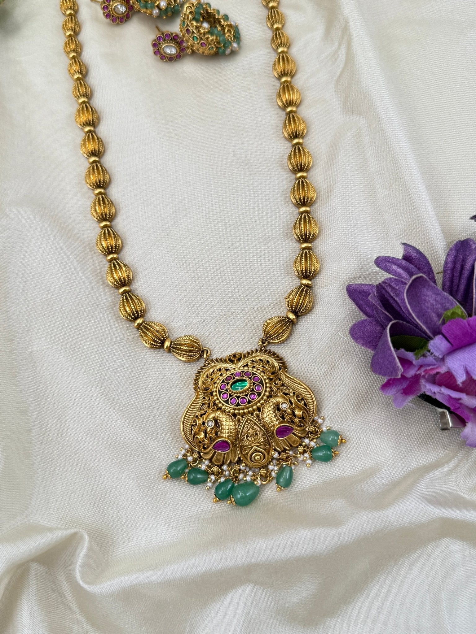 Royal Antique Peacock Pendant Long Necklace Set 0565 - Mahilas