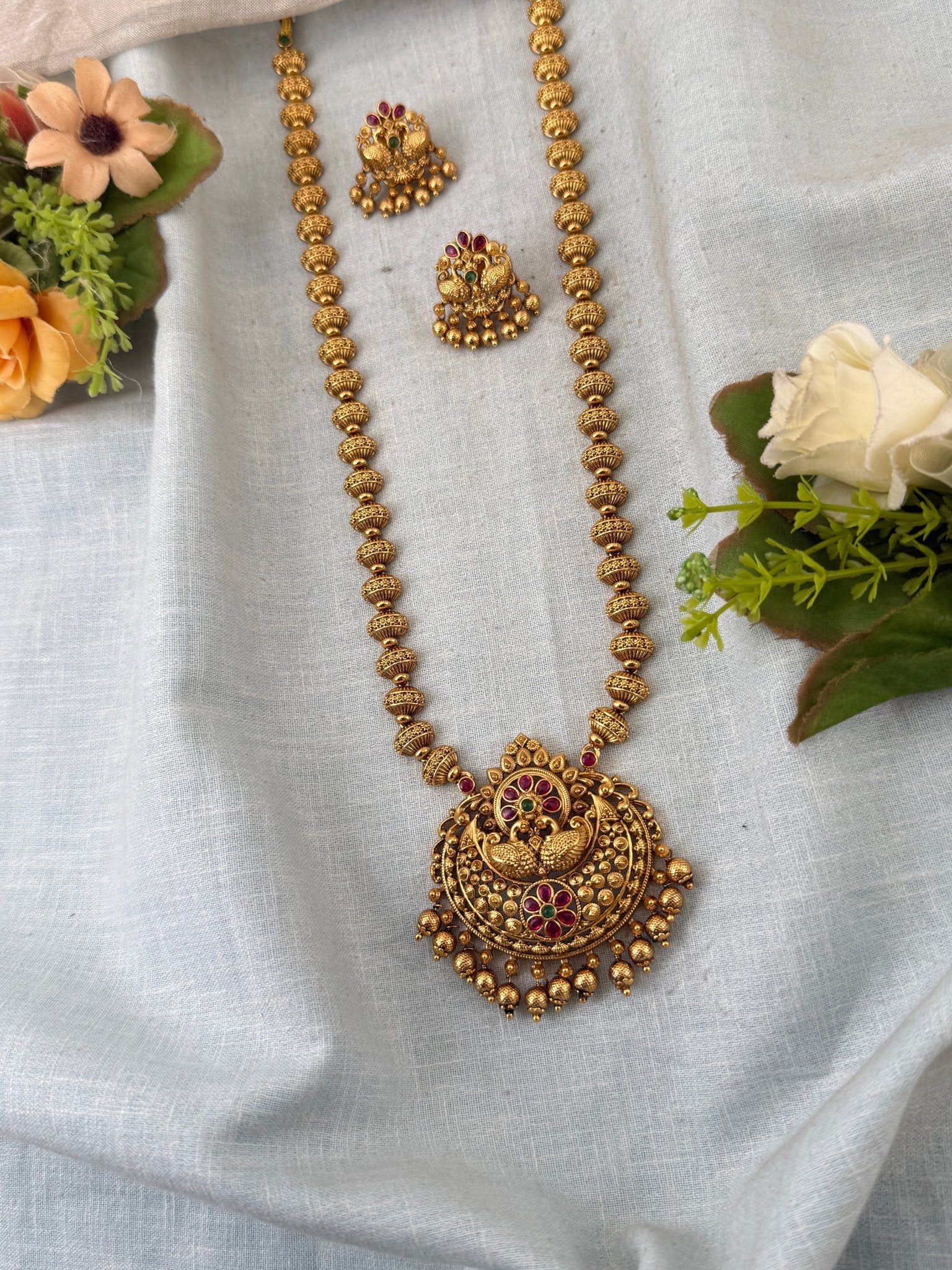 Royal Antique Peacock Pendant Long Necklace Set 1073 - Mahilas