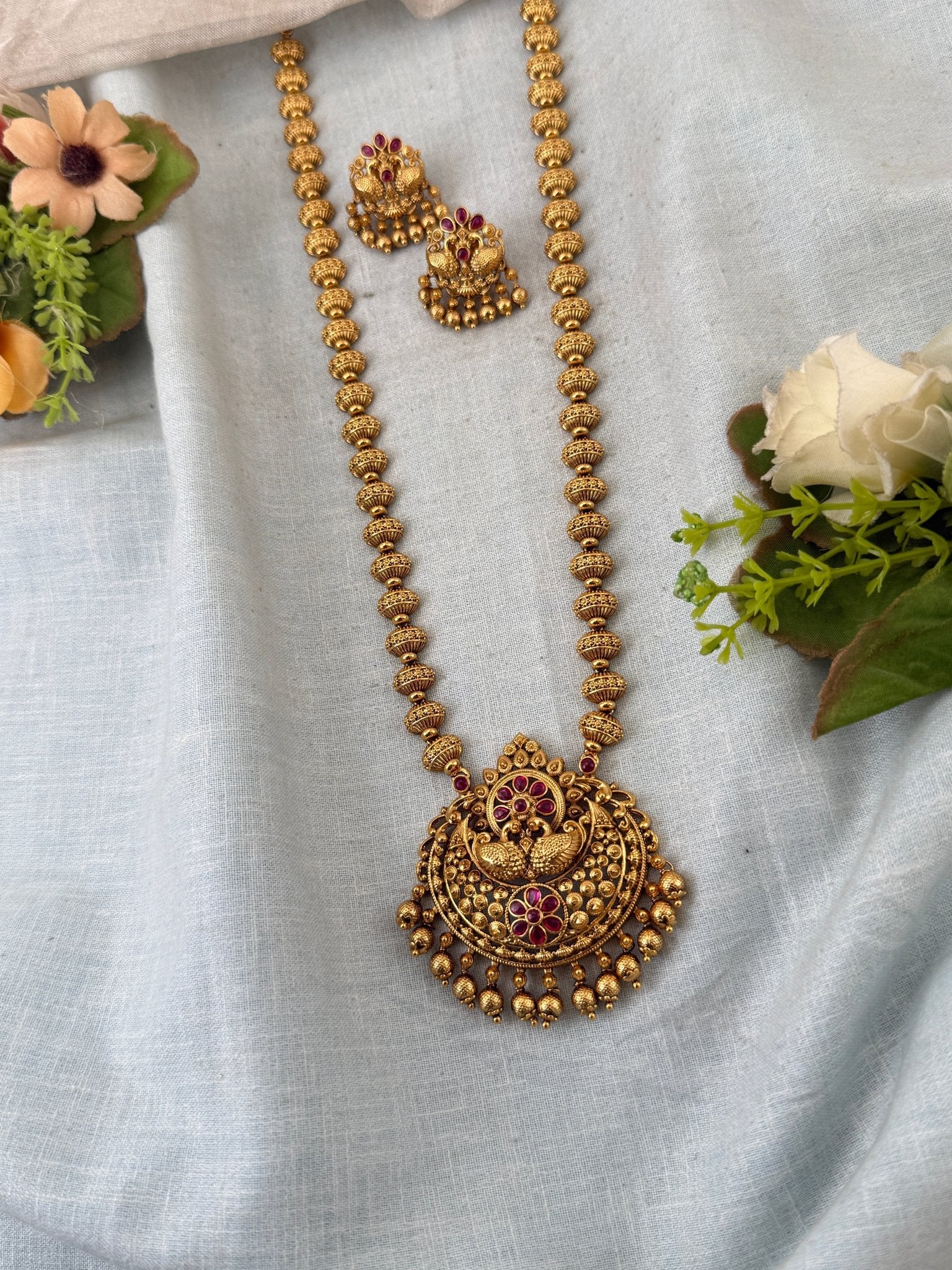 Royal Antique Peacock Pendant Long Necklace Set 1076 - Mahilas