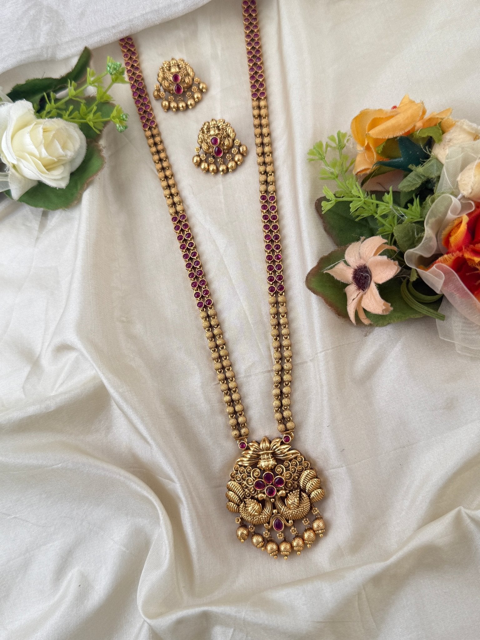 Royal Antique Peacock Pendant Long Necklace Set 1089 - Mahilas