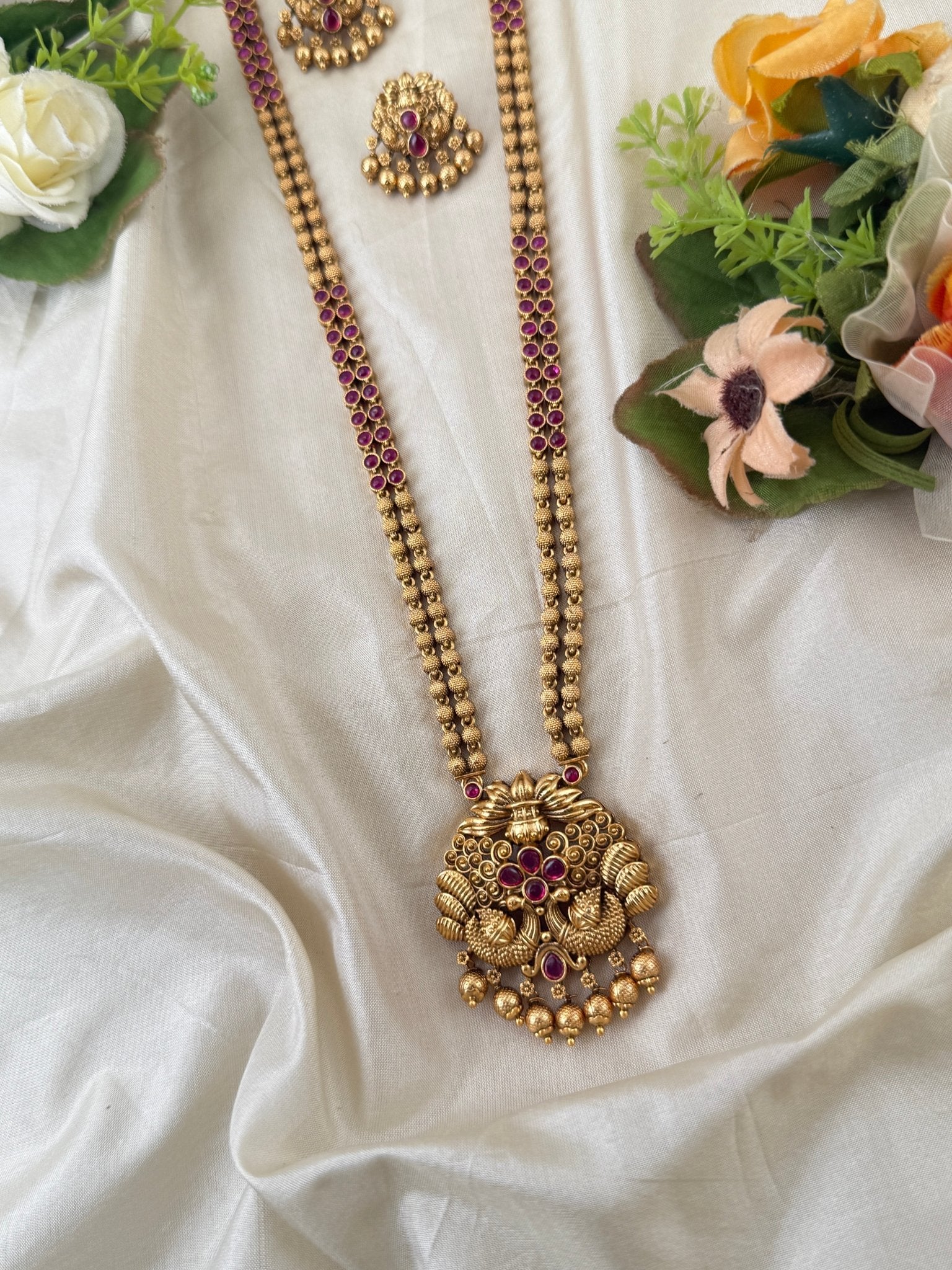 Royal Antique Peacock Pendant Long Necklace Set 1089 - Mahilas