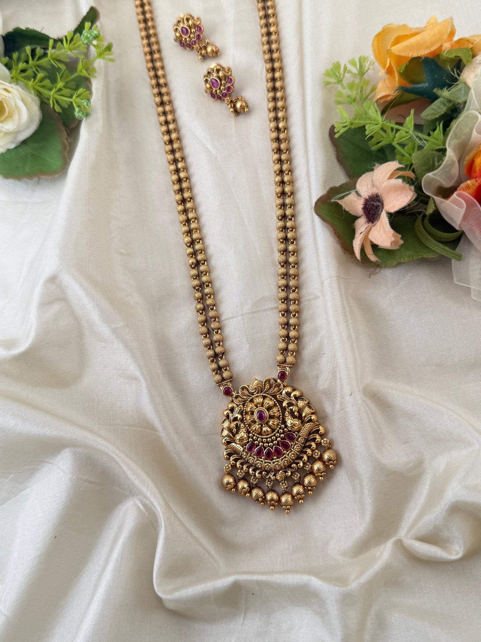 Royal Antique Peacock Pendant Long Necklace Set 1091 - Mahilas