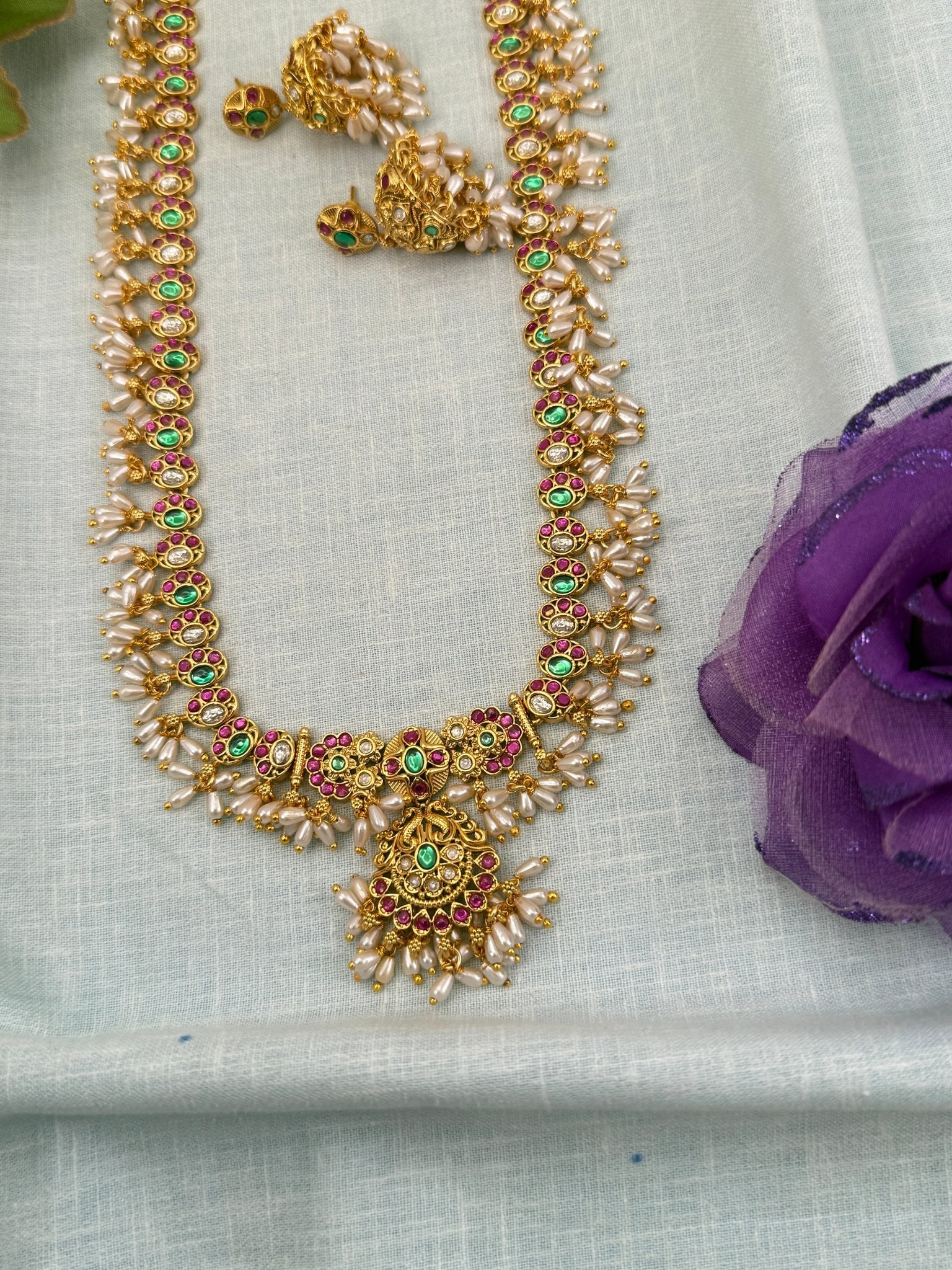 Royal Antique Pearl Pendant Long Necklace Set 0631 - Mahilas