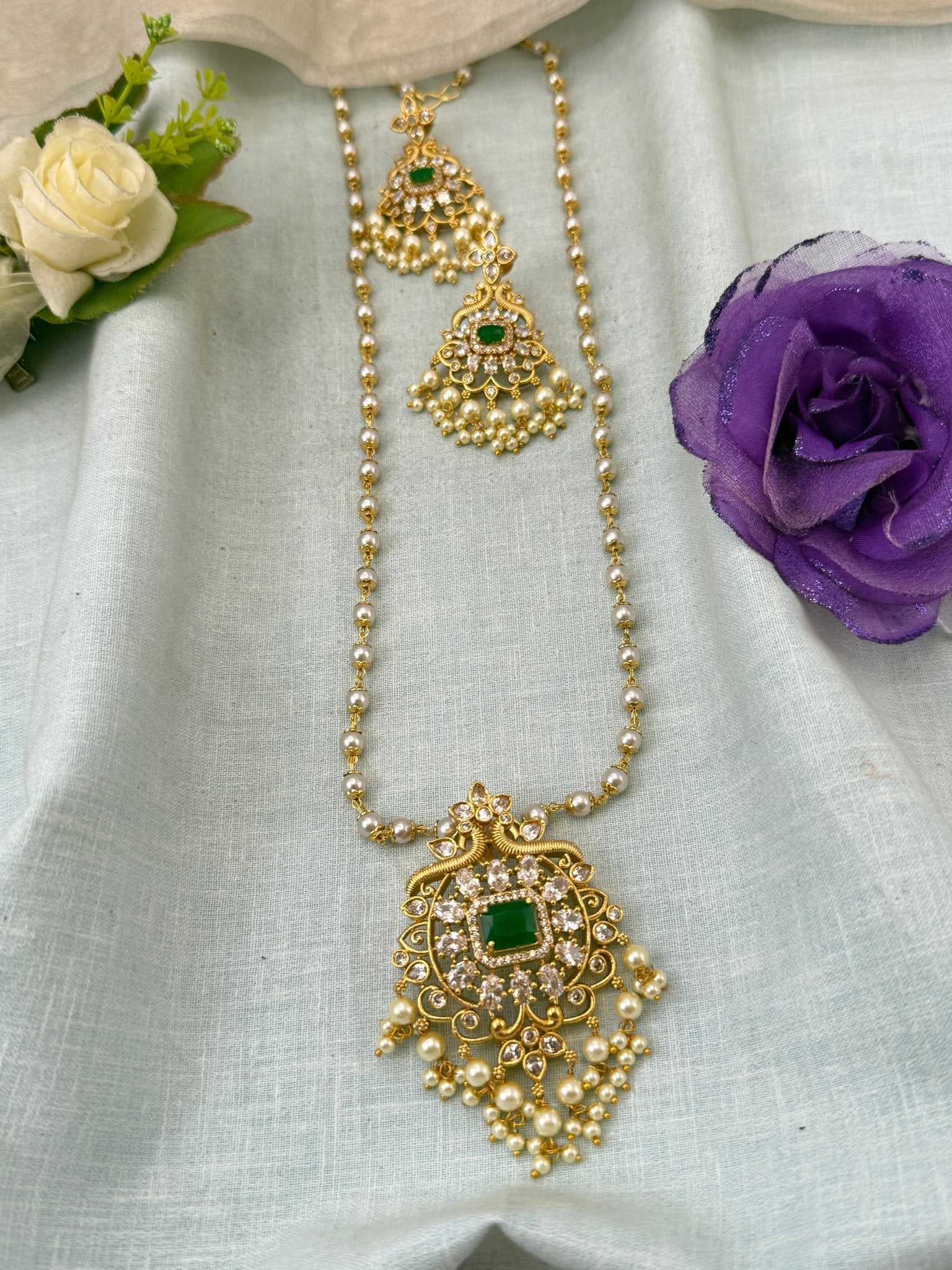 Royal Antique Pearl Pendant Long Necklace Set 4069 - Mahilas