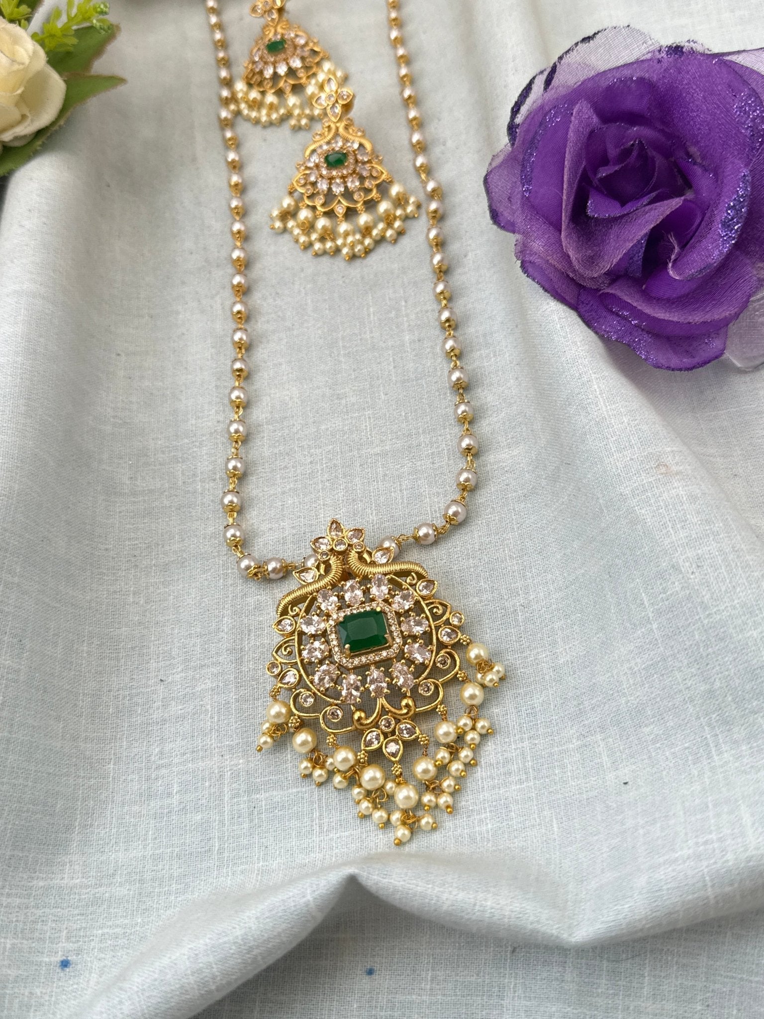 Royal Antique Pearl Pendant Long Necklace Set 4069 - Mahilas