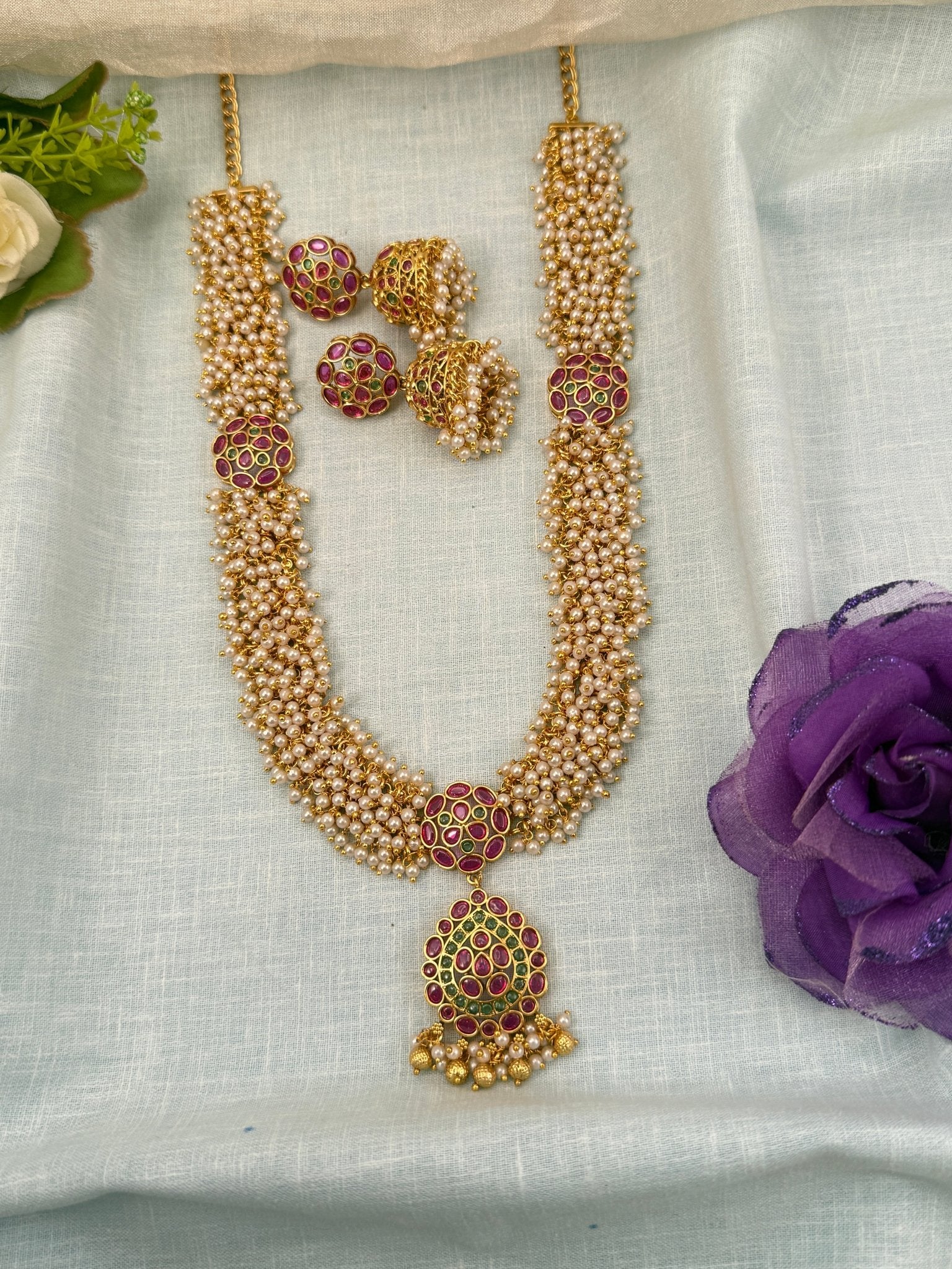 Royal Antique Pearl Pendant Mid Long Necklace Set 0628 - Mahilas
