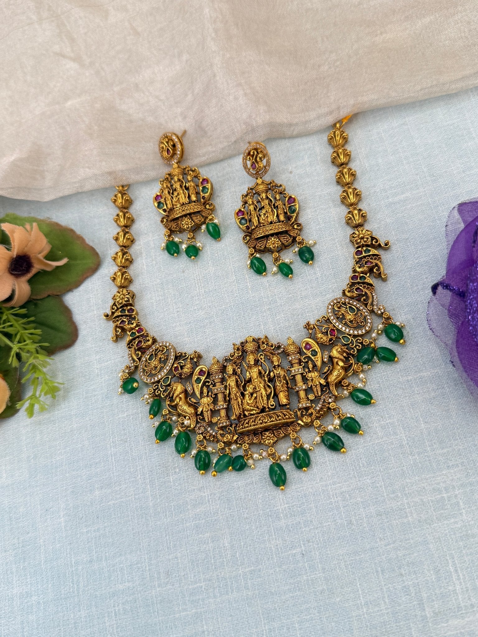 Royal Antique Ram Parivar Pendant Short Necklace Set 0936 - Mahilas