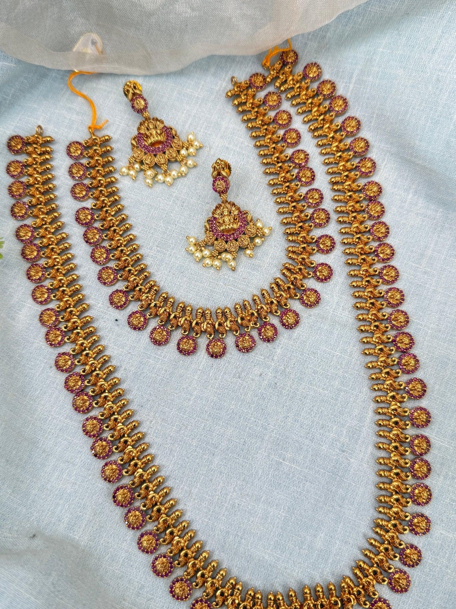 Royal Antique Ruby Stone Kaasu Full Necklace Set 0270 - Mahilas