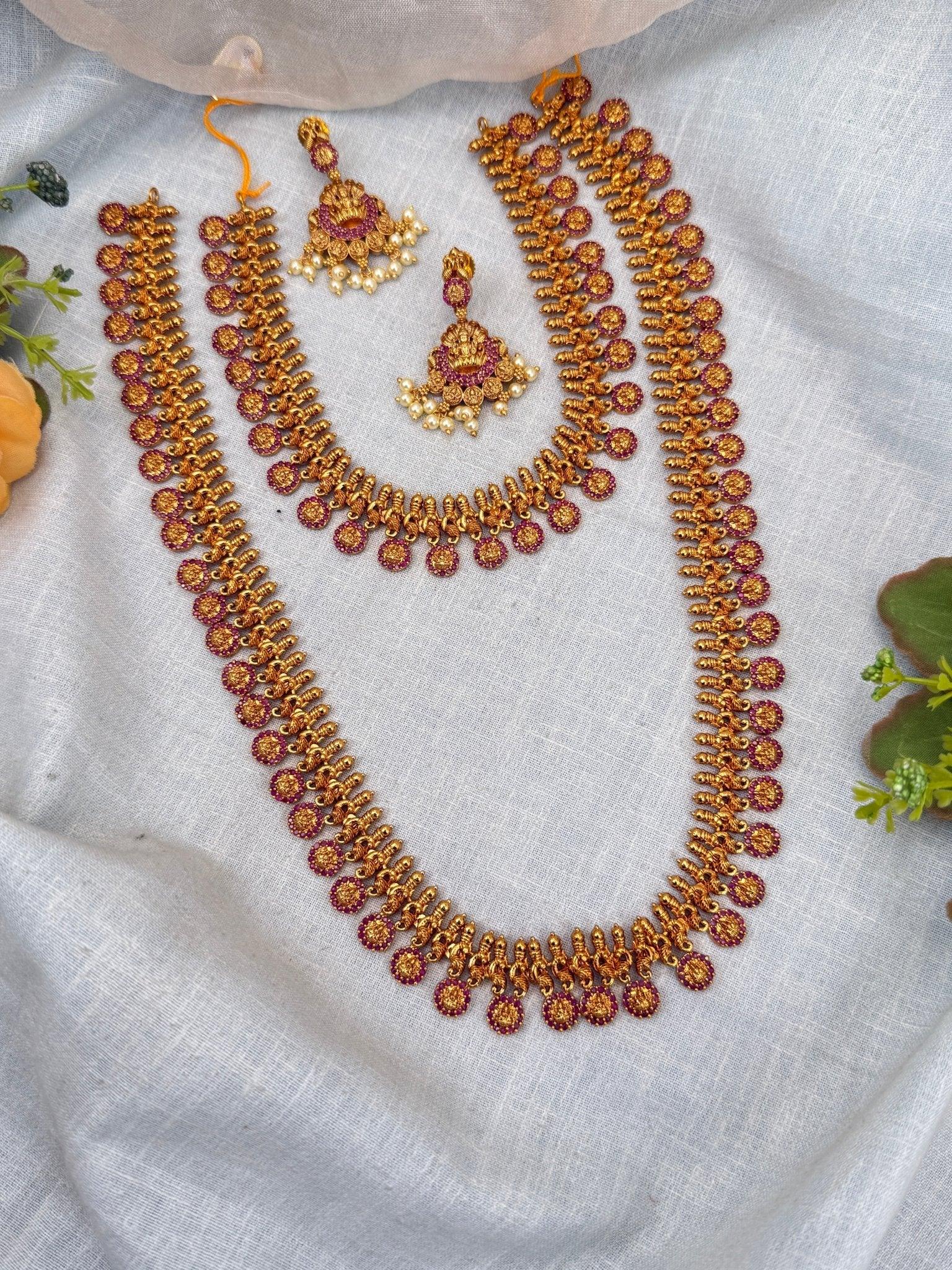 Royal Antique Ruby Stone Kaasu Full Necklace Set 0270 - Mahilas