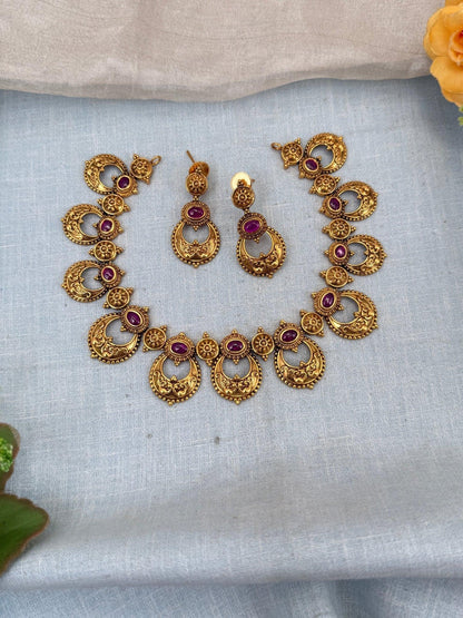 Royal Antique Ruby Stone Short Necklace Set 0126 - Mahilas