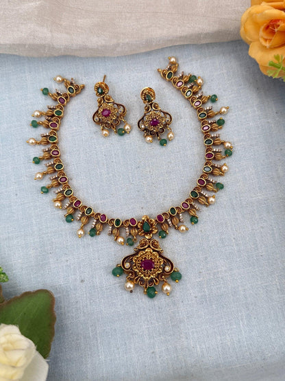 Royal Antique Ruby Stone Short Necklace Set 0138 - Mahilas