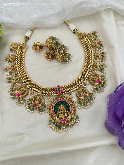 Royal Antique Short Guttapusalu Lakshmi Necklace Set 0653 - Mahilas