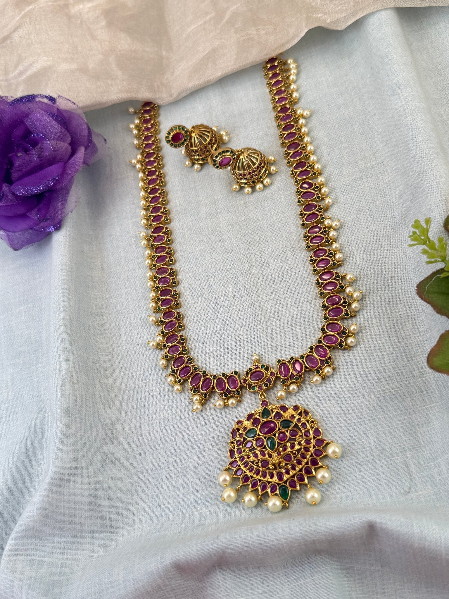 Royal Antique Simple Long Pendant Necklace Set 0858 - Mahilas