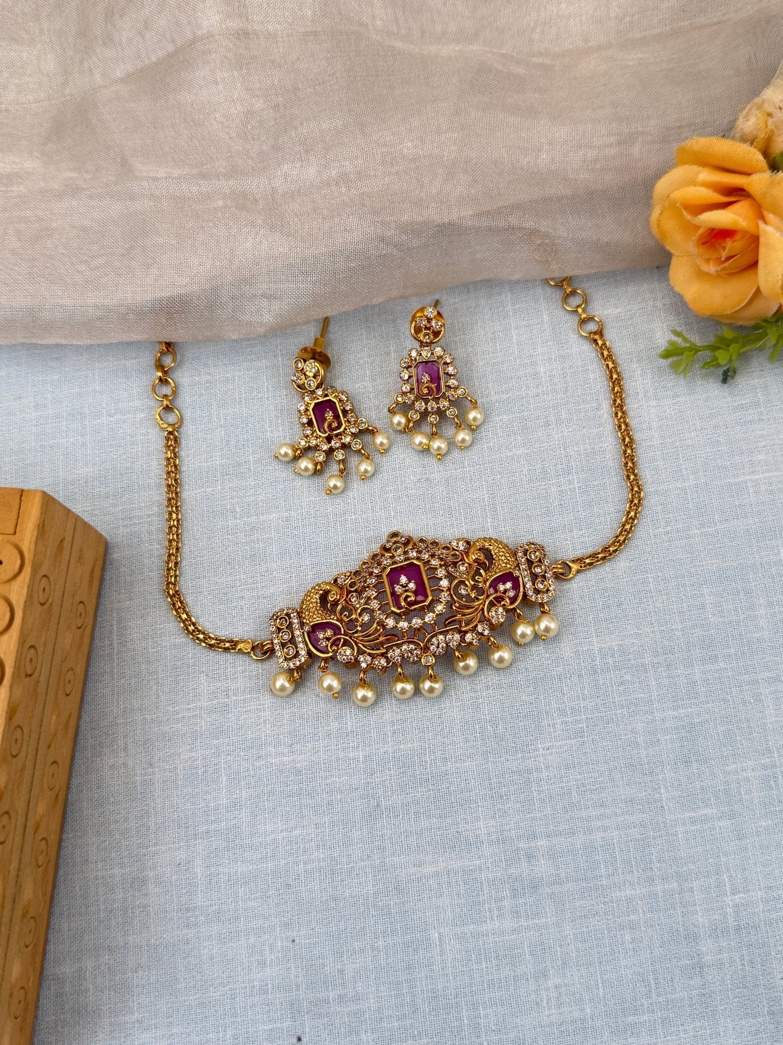 Royal Antique Stone Choker Necklace Set 0554 - Mahilas
