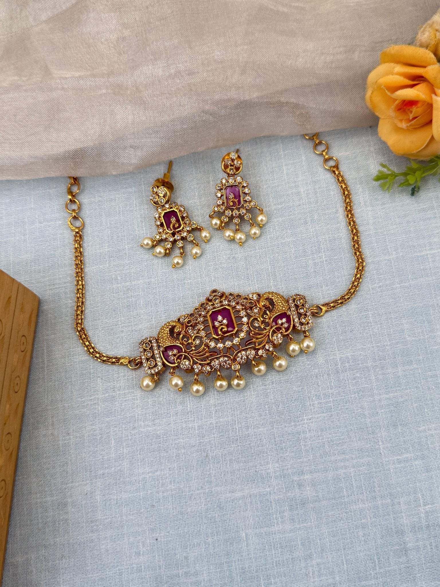 Royal Antique Stone Choker Necklace Set 0554 - Mahilas