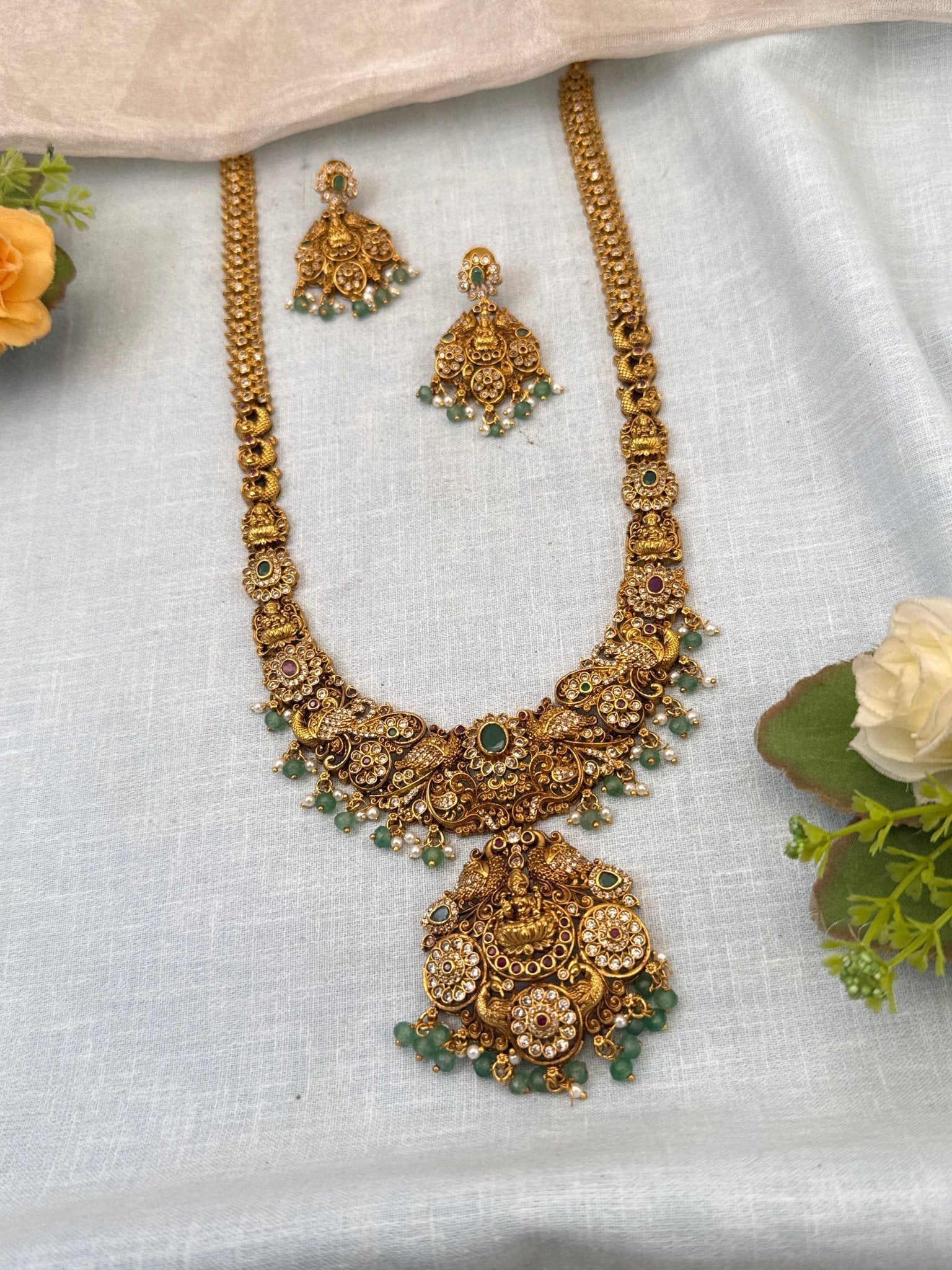 Royal Antique Stone Lakshmi Pendant Long Necklace Set 0759 - Mahilas
