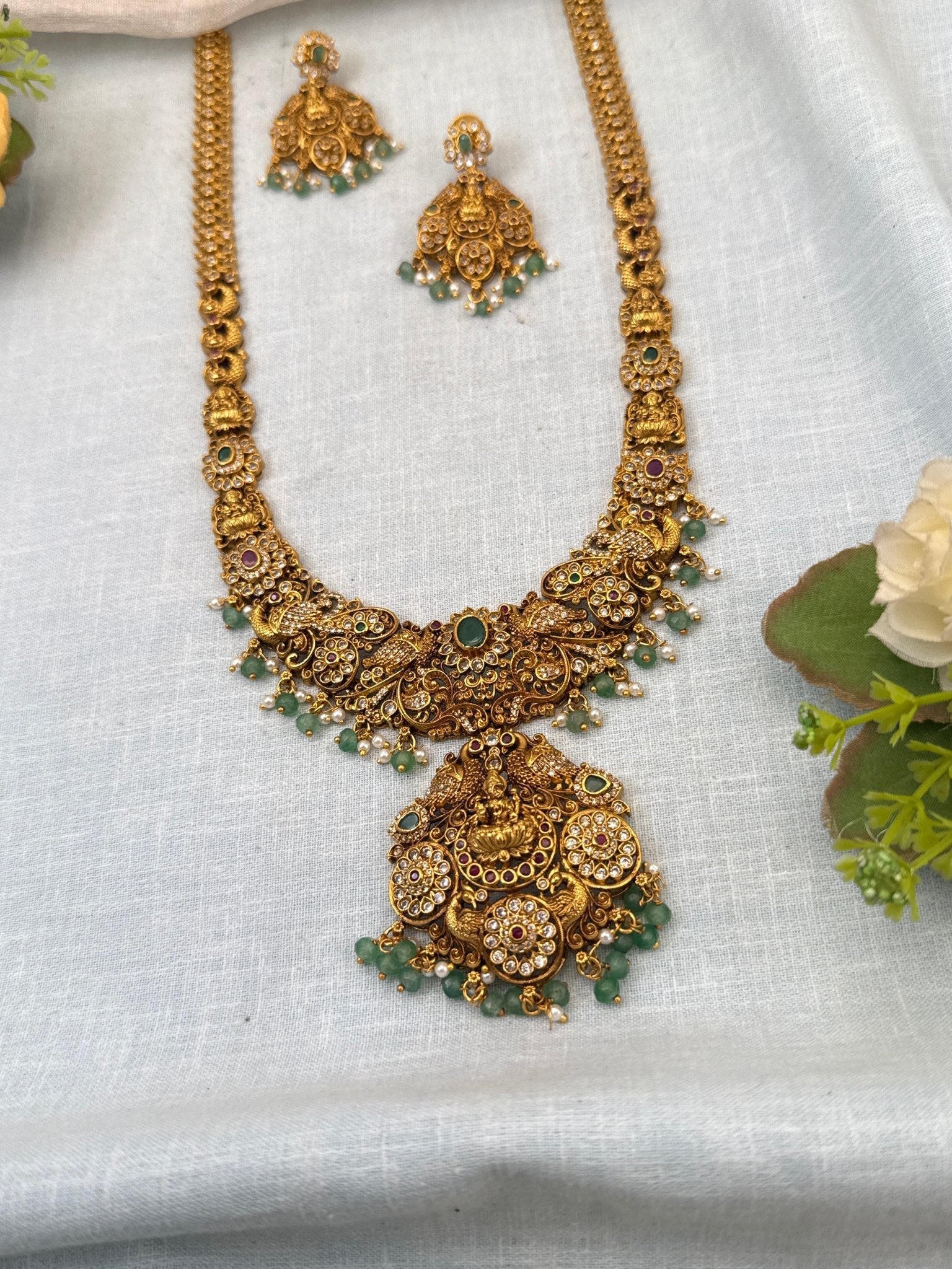 Royal Antique Stone Lakshmi Pendant Long Necklace Set 0759 - Mahilas